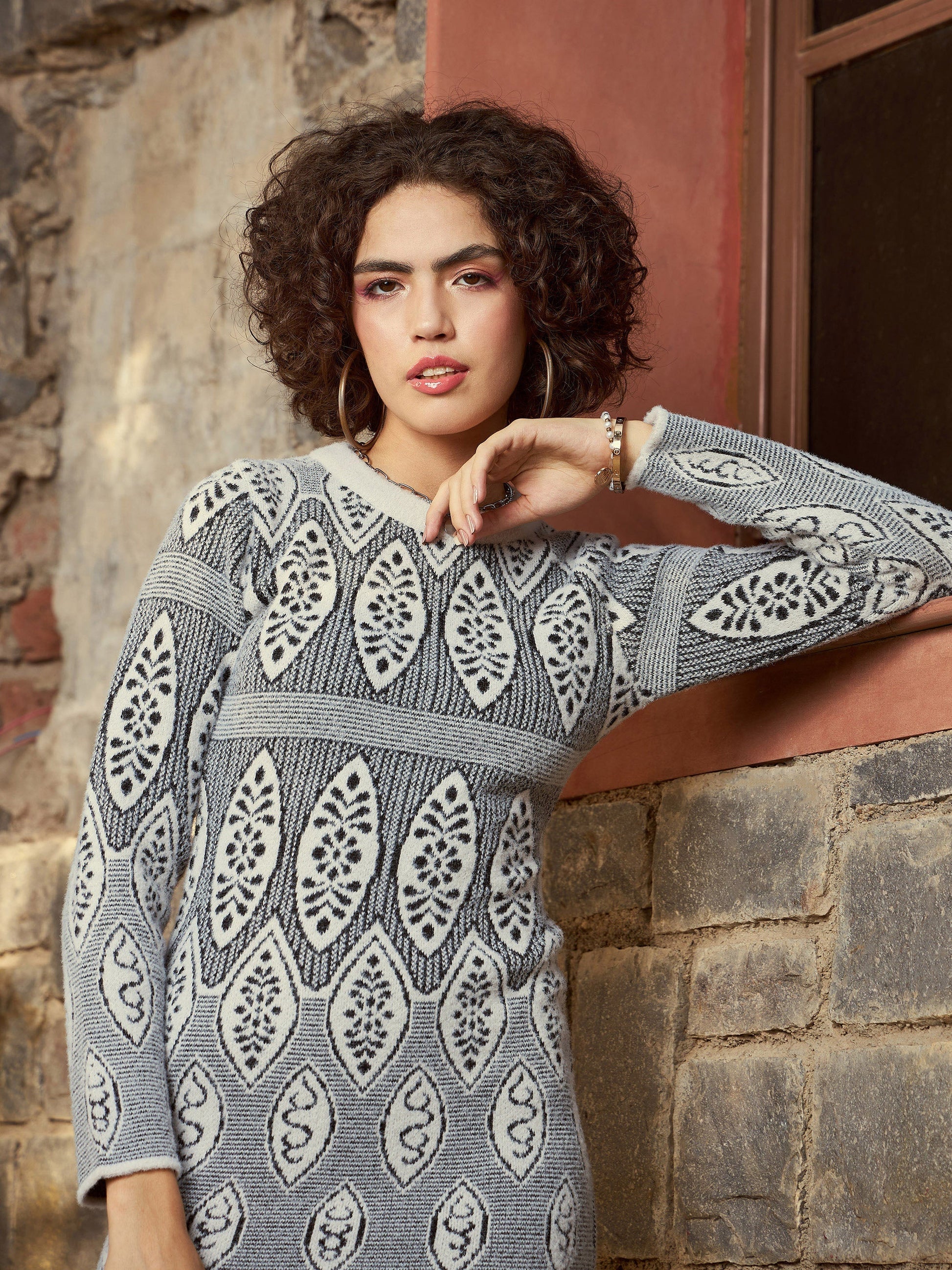 Grey & Black Geo Woolen Sweater Dress-SASSAFRAS