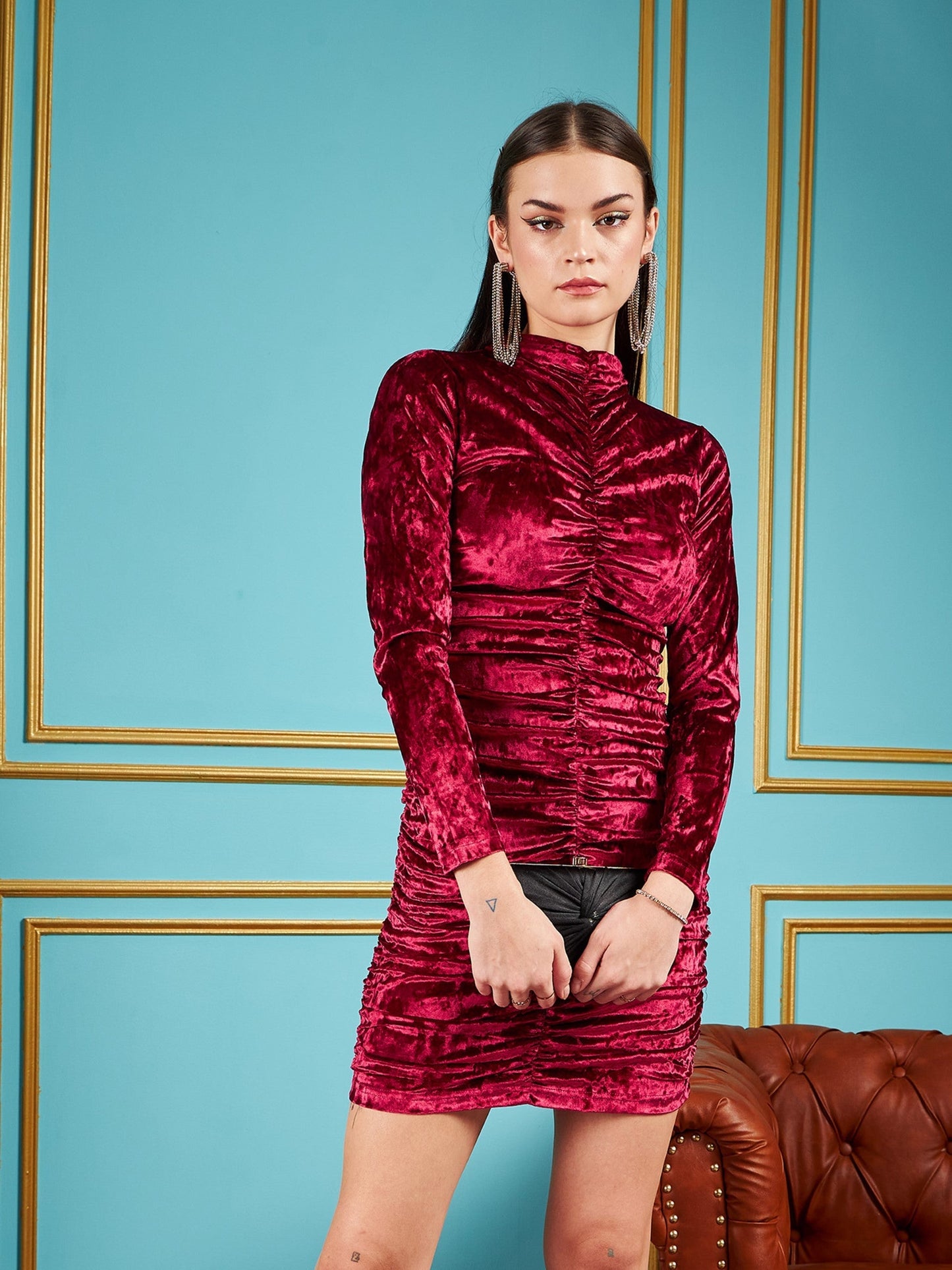 Red Velvet Ruched Short Bodycon Dress-SASSAFRAS