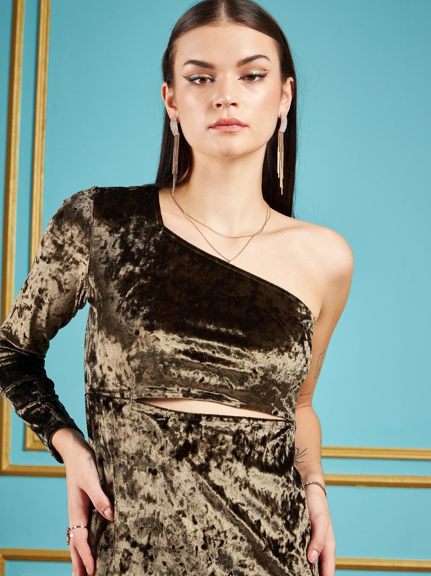 Olive Velvet Waist Cut-Out One Shoulder Midi Dress-SASSAFRAS