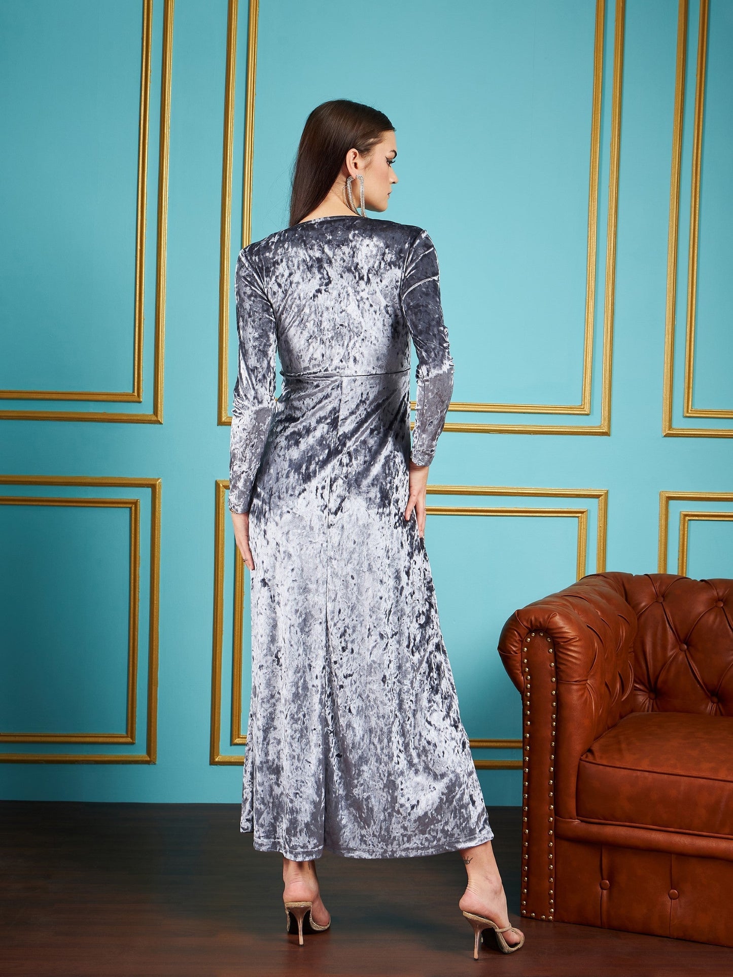 Grey Velvet Front Slit Maxi Dress-SASSAFRAS