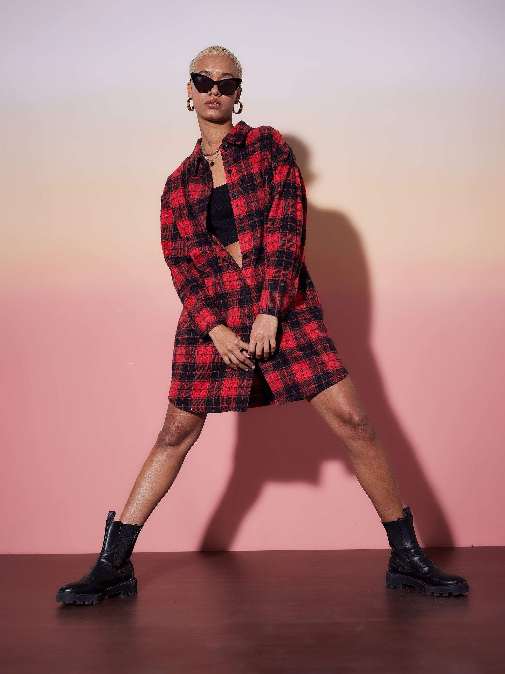 Red & Black Check Lounge Shirt Dress-SASSAFRAS alt-laze