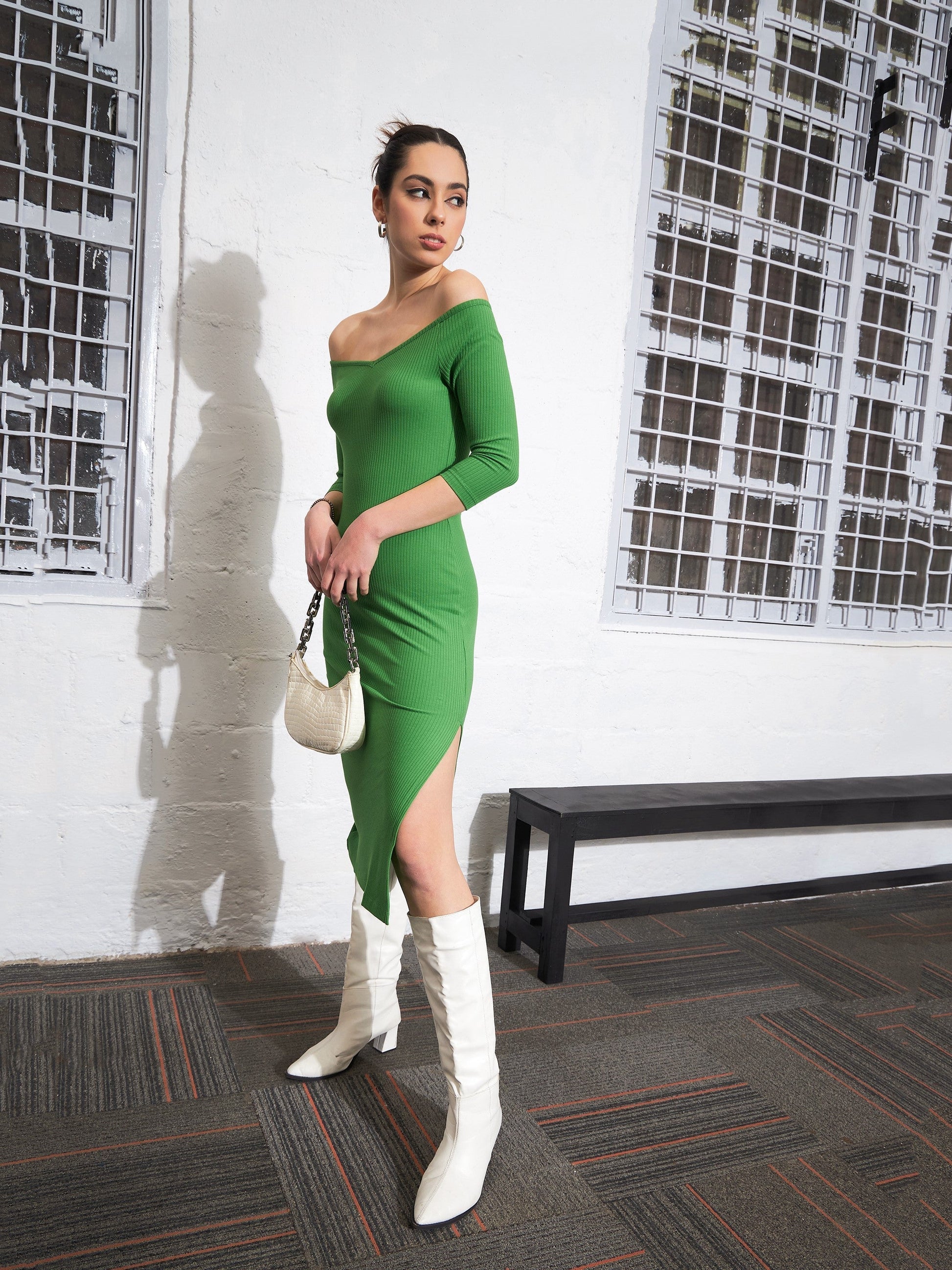Green Rib Off-Shoulder Bodycon Dress -SASSAFRAS