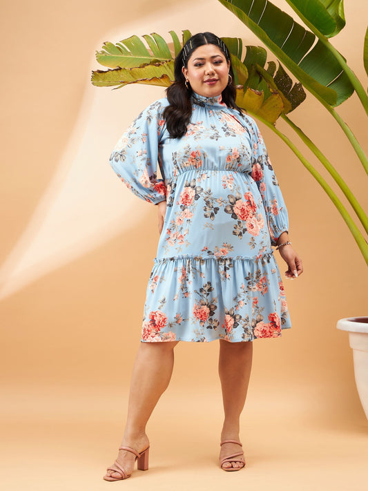 Turquoise Blue Floral Tiered Skater Dress-SASSAFRAS Curve