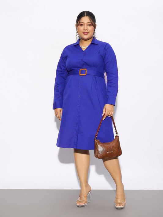 Women Royal Blue Poplin Belted Shirt Dress