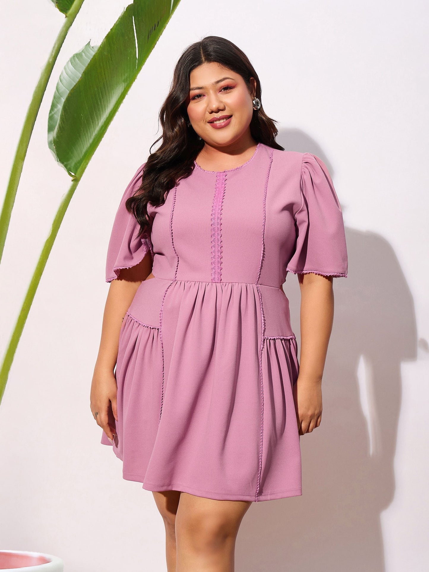 Pale Pink Frill Detail Skater Dress-SASSAFRAS Curve