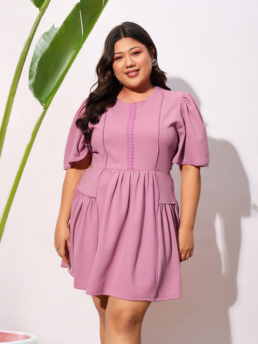 Pale Pink Frill Detail Skater Dress-SASSAFRAS Curve