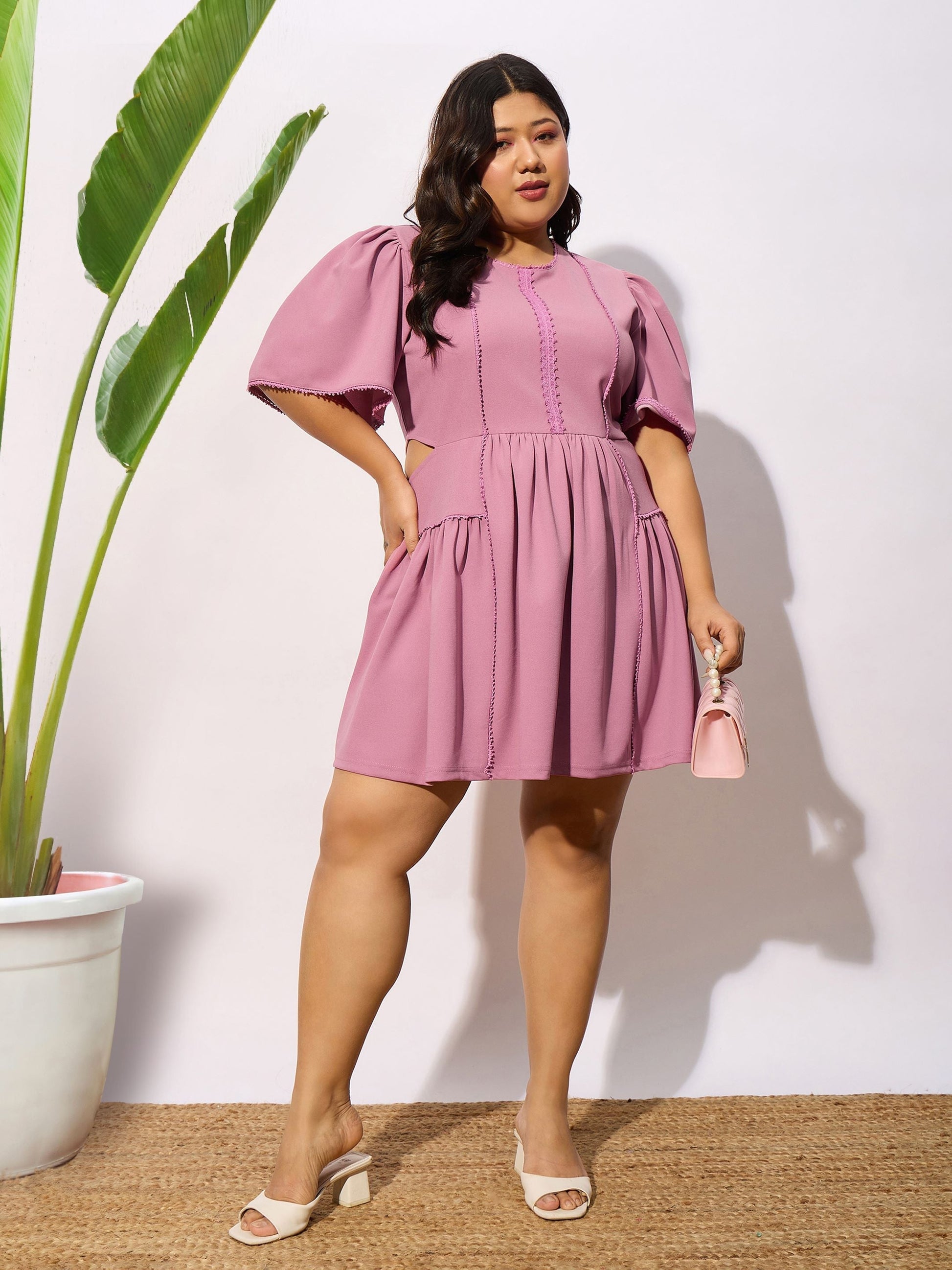 Pale Pink Frill Detail Skater Dress-SASSAFRAS Curve