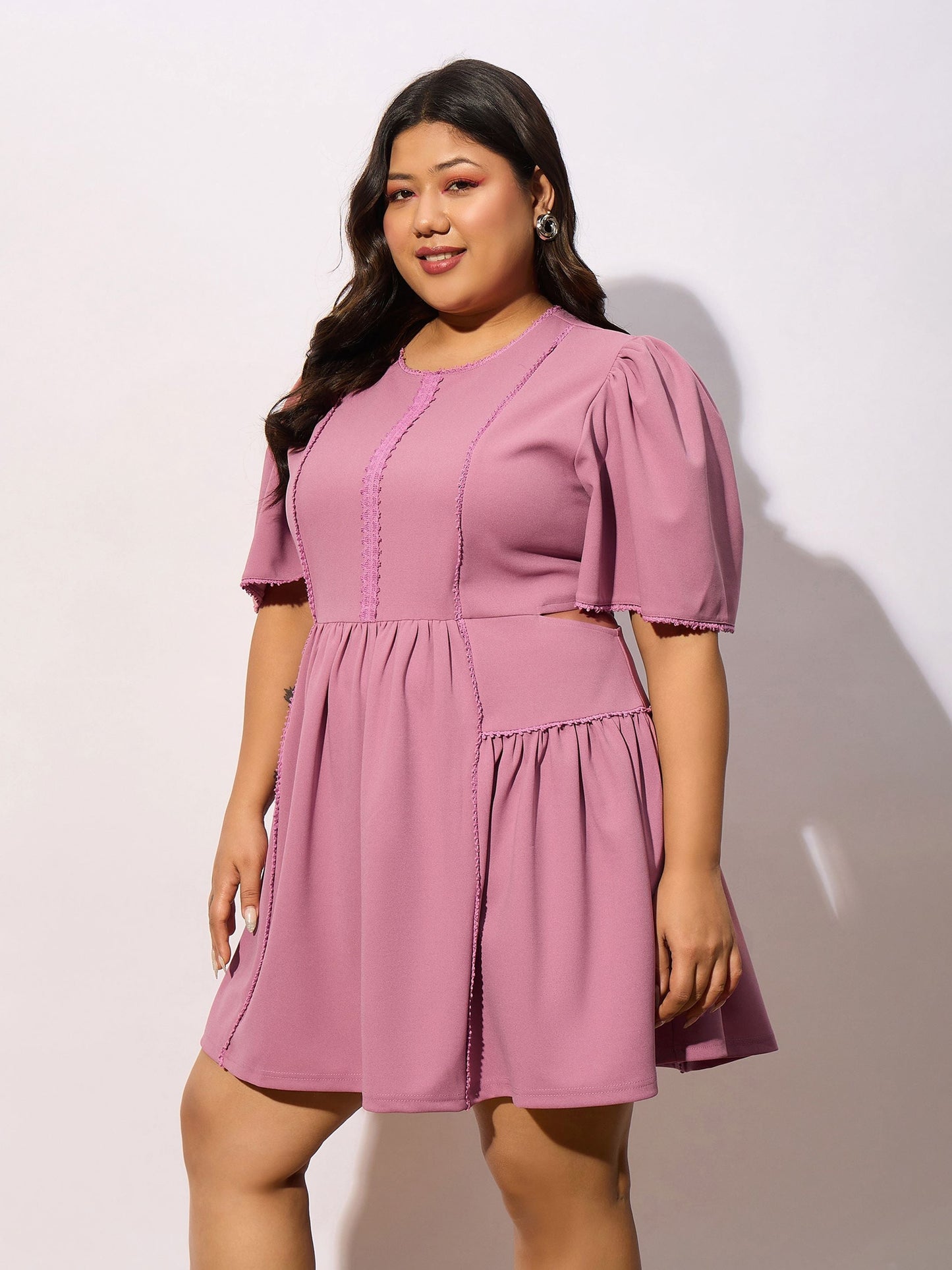 Pale Pink Frill Detail Skater Dress-SASSAFRAS Curve