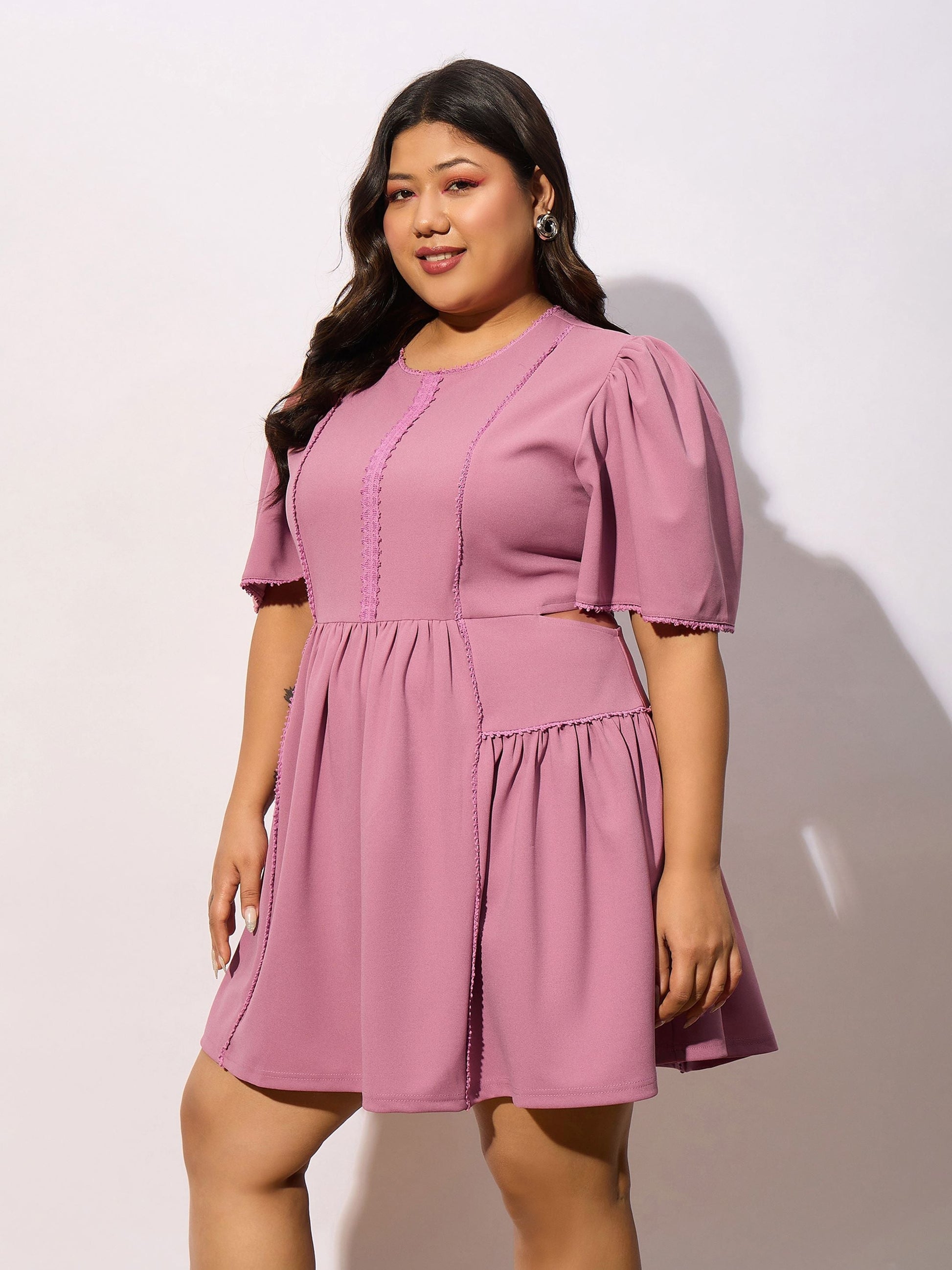 Pale Pink Frill Detail Skater Dress-SASSAFRAS Curve