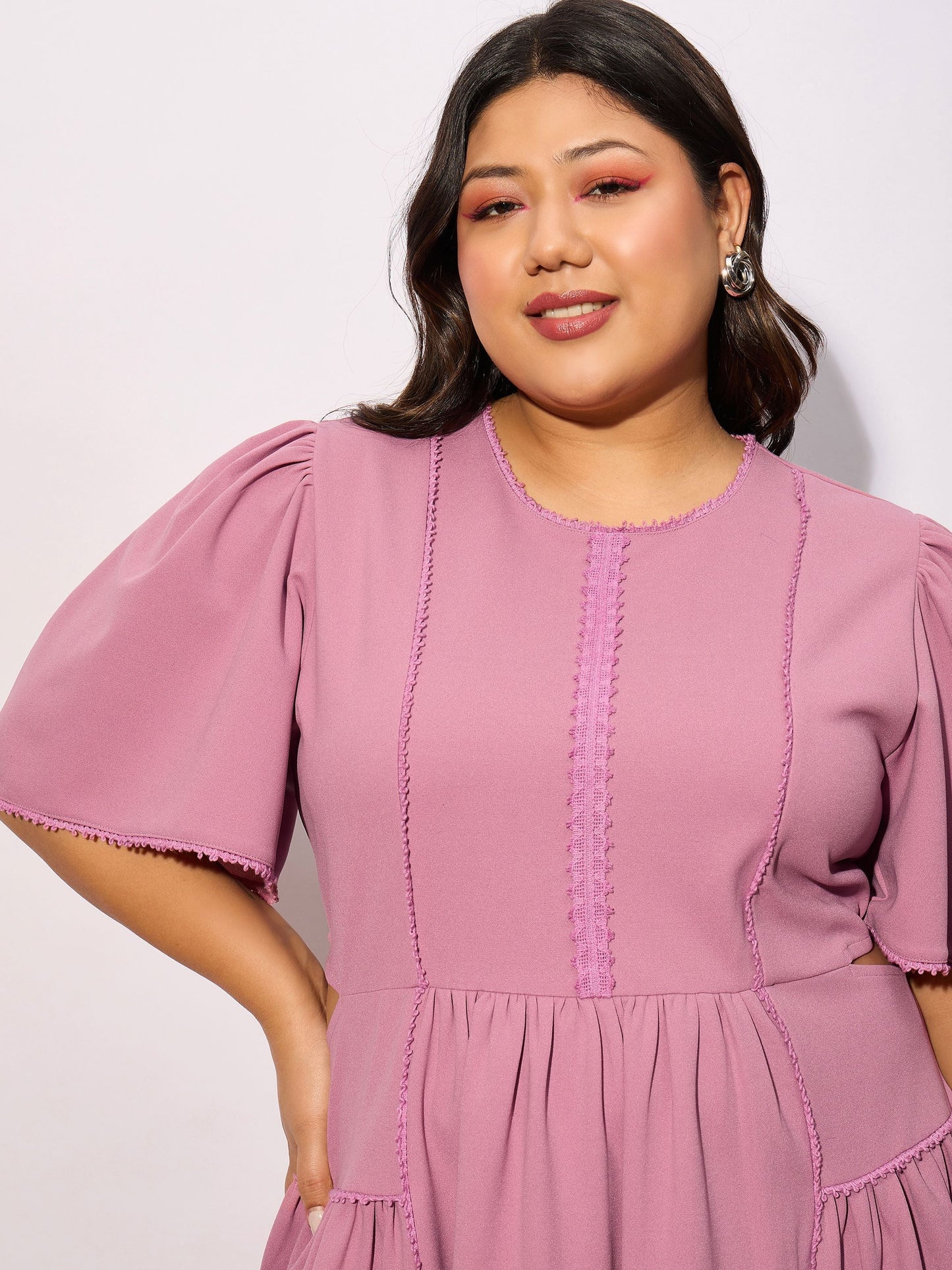 Pale Pink Frill Detail Skater Dress-SASSAFRAS Curve