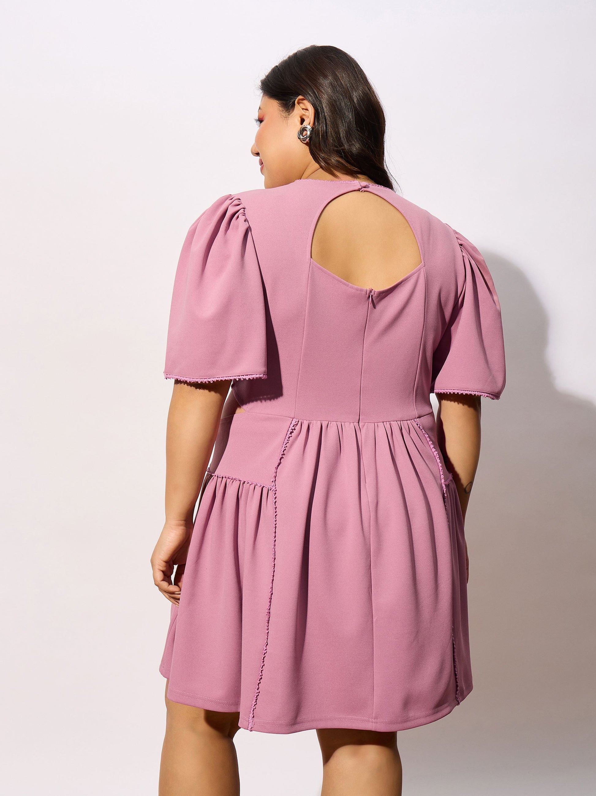 Pale Pink Frill Detail Skater Dress-SASSAFRAS Curve