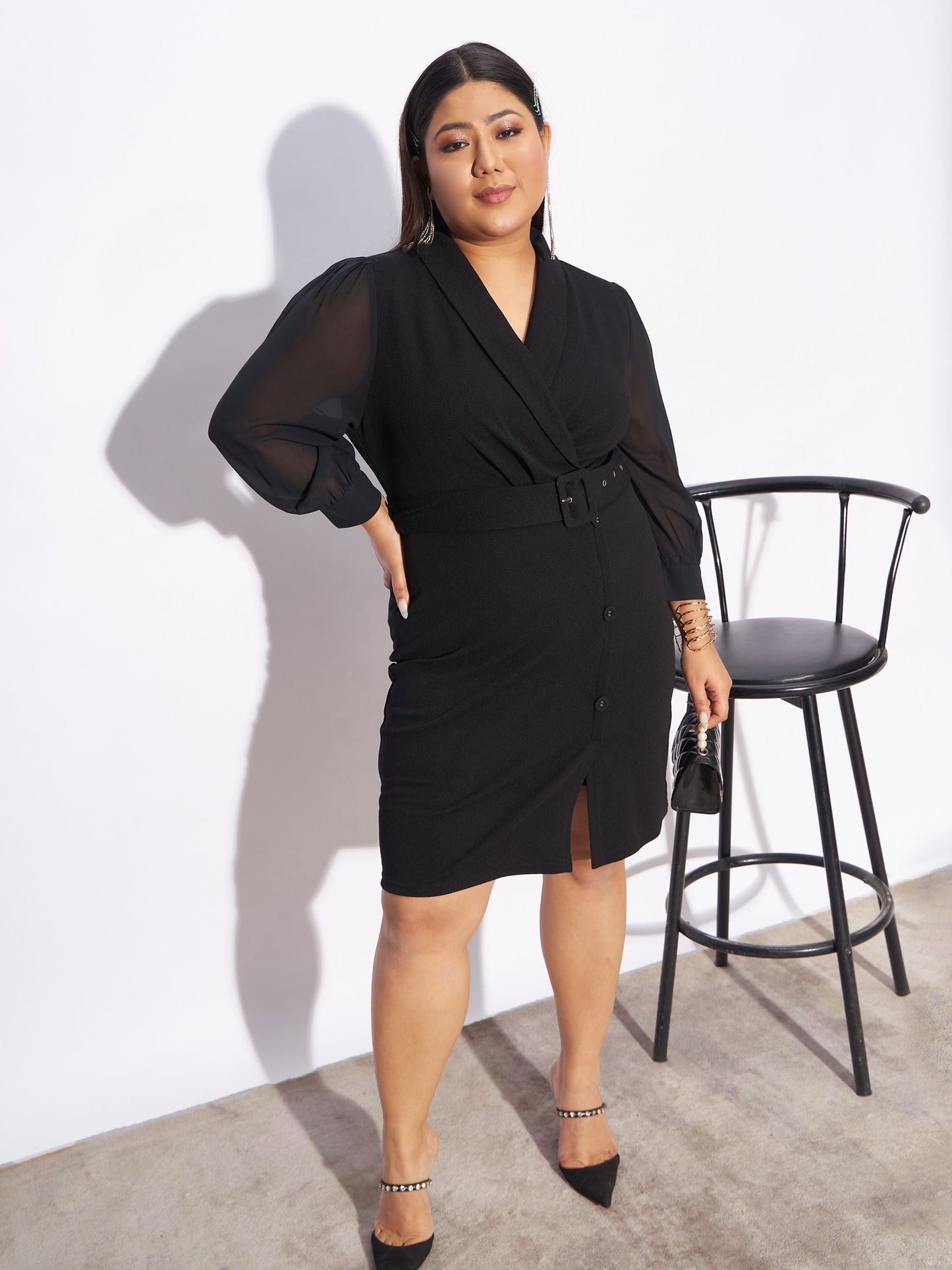 Black Front Belt Bodycon Dress-SASSAFRAS Curve