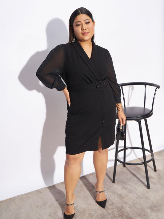 Black Front Belt Bodycon Dress-SASSAFRAS Curve