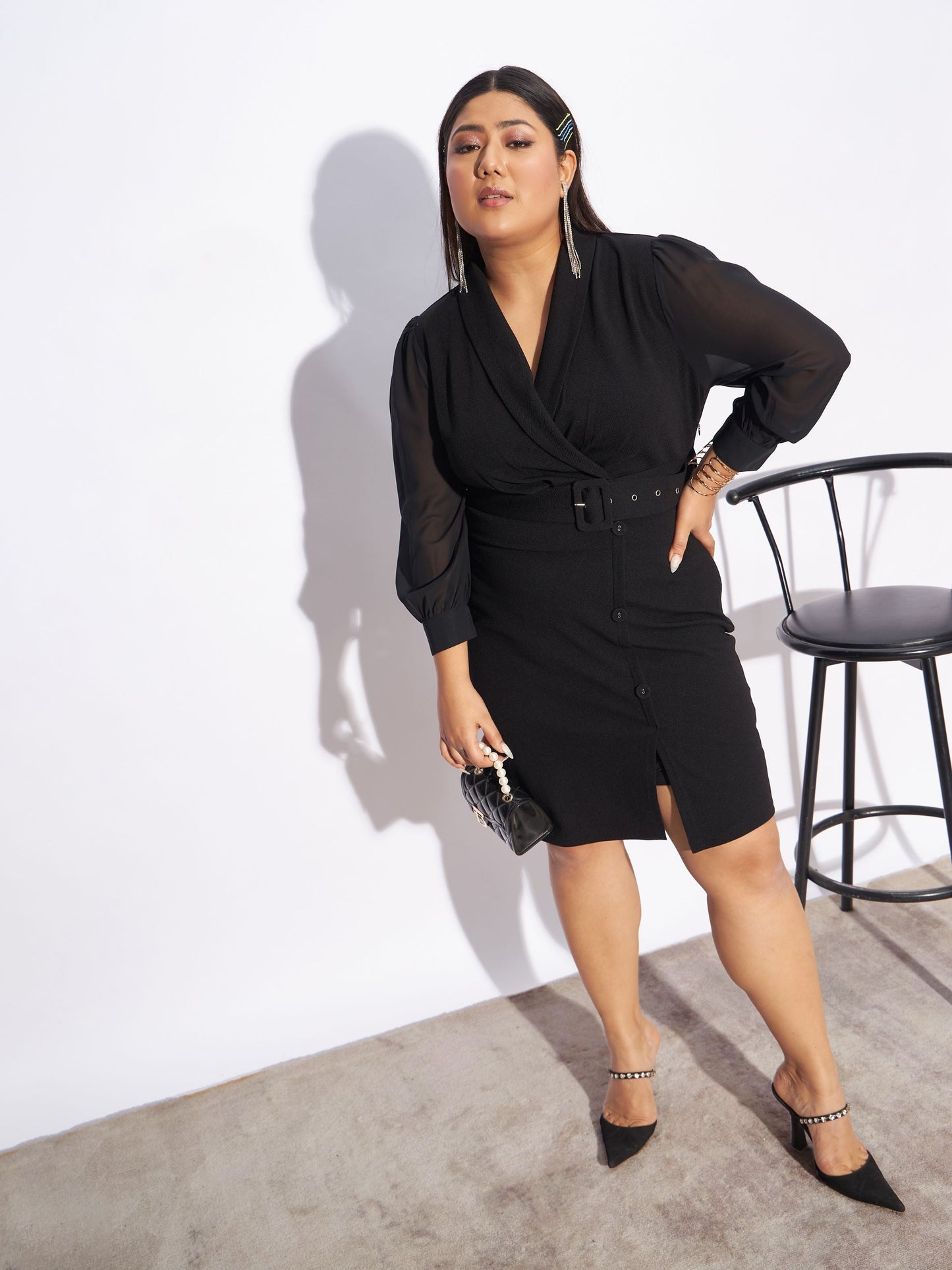 Black Front Belt Bodycon Dress-SASSAFRAS Curve