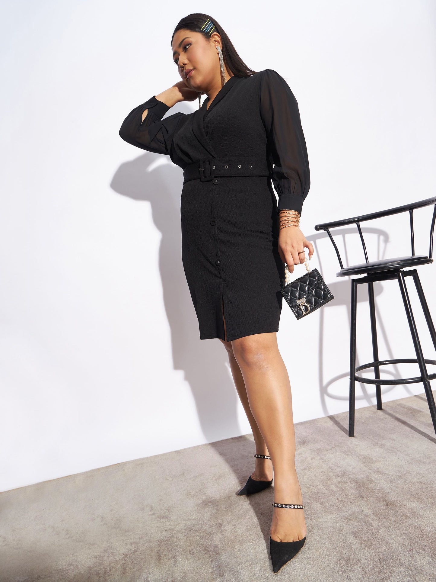 Black Front Belt Bodycon Dress-SASSAFRAS Curve