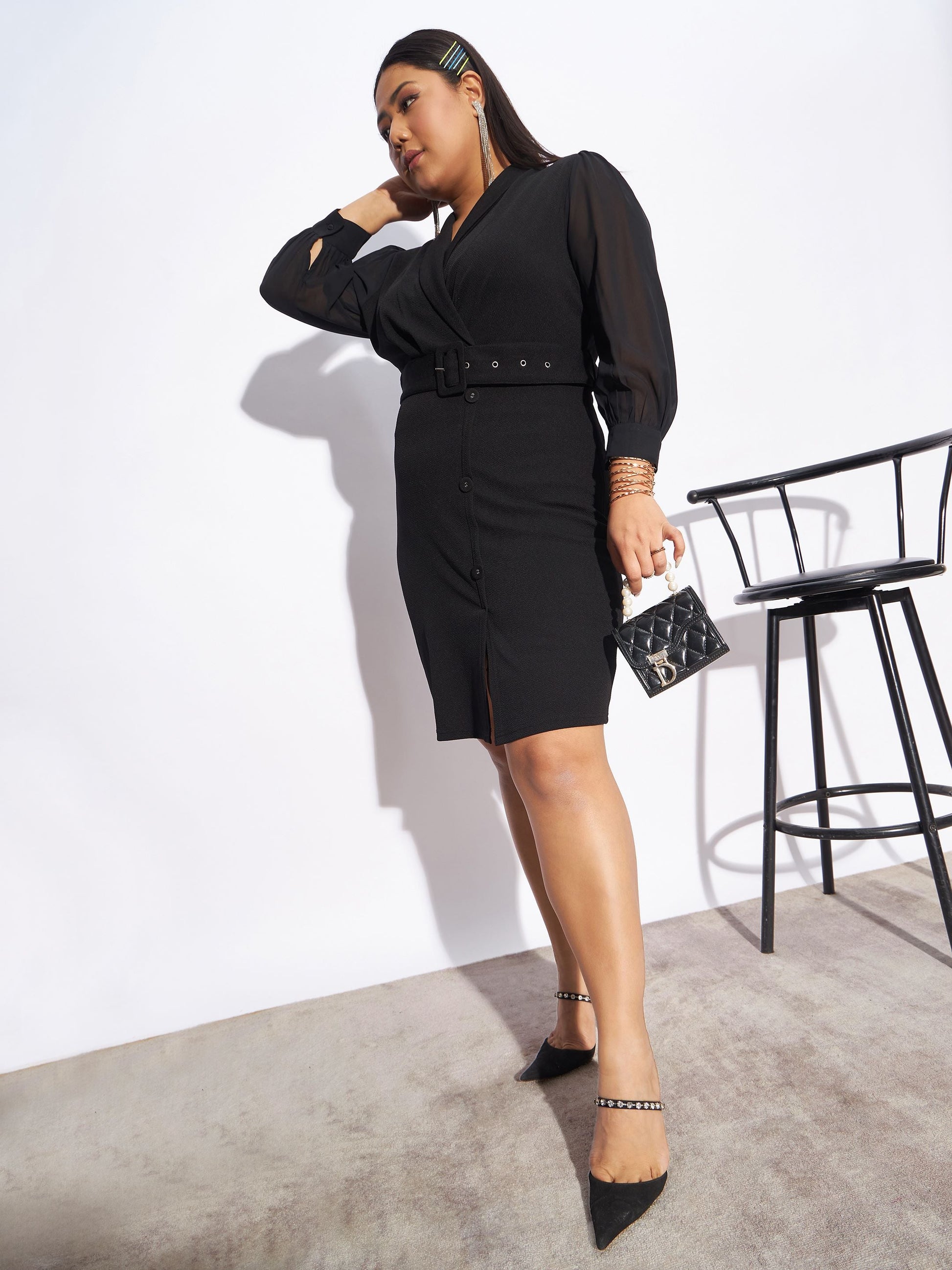 Black Front Belt Bodycon Dress-SASSAFRAS Curve