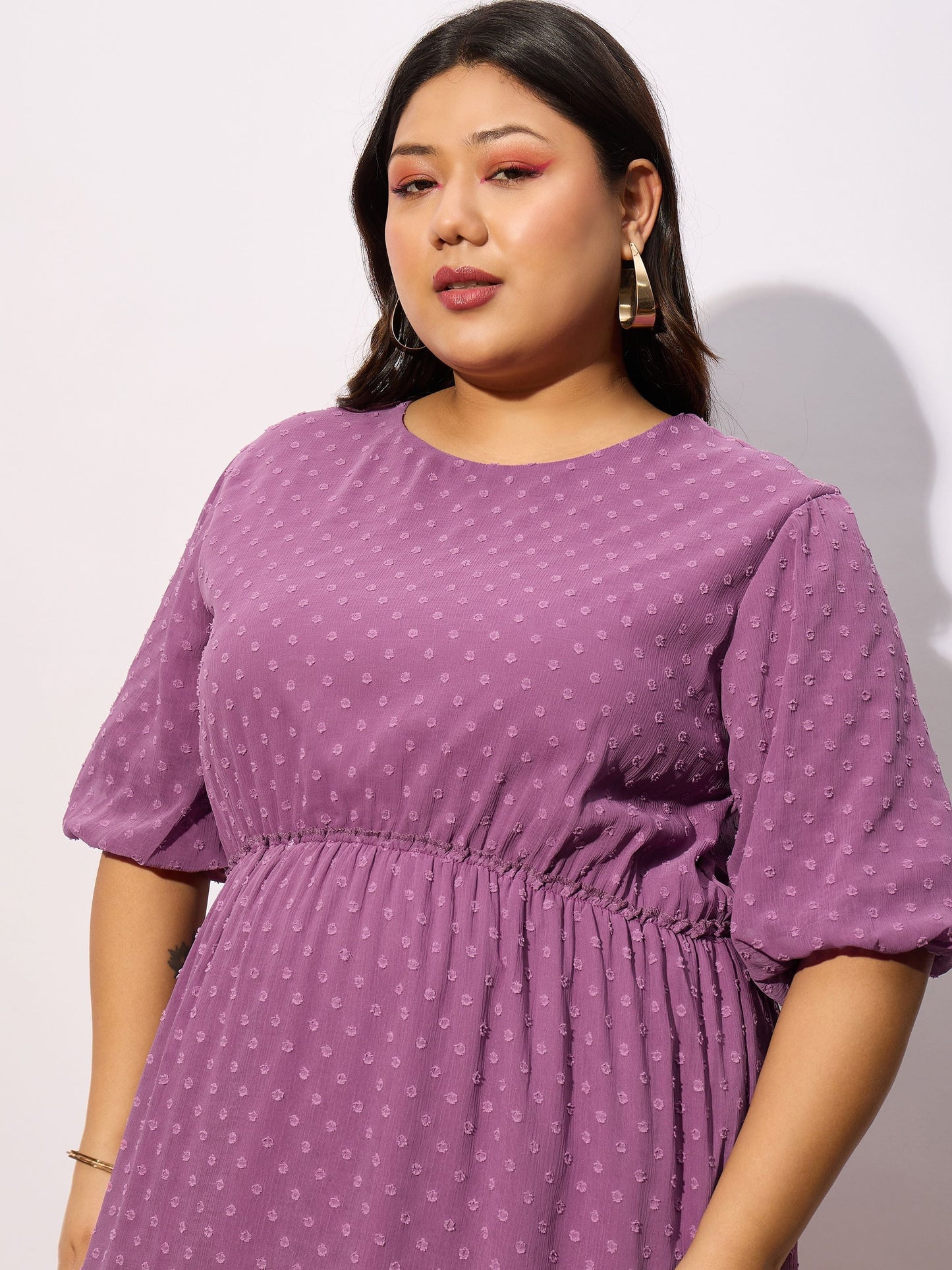 Women Purple Dobby Puff Sleeve Skater Dress
