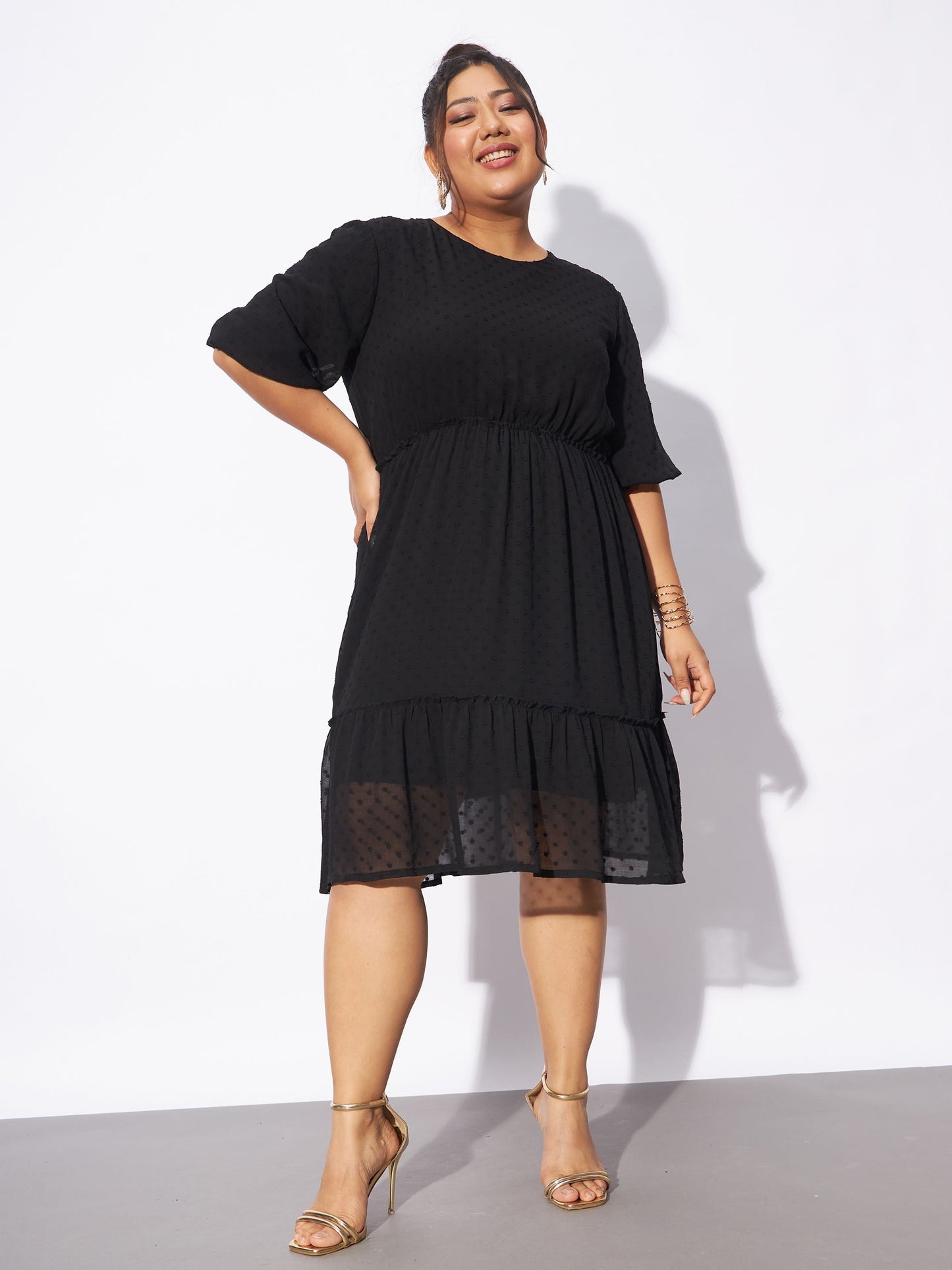Black Dobby Puff Sleeve Skater Dress-SASSAFRAS Curve