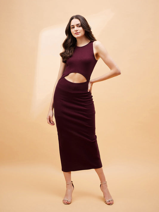 Burgundy Front Cut Out Rib Midi Dress-SASSAFRAS BASICS
