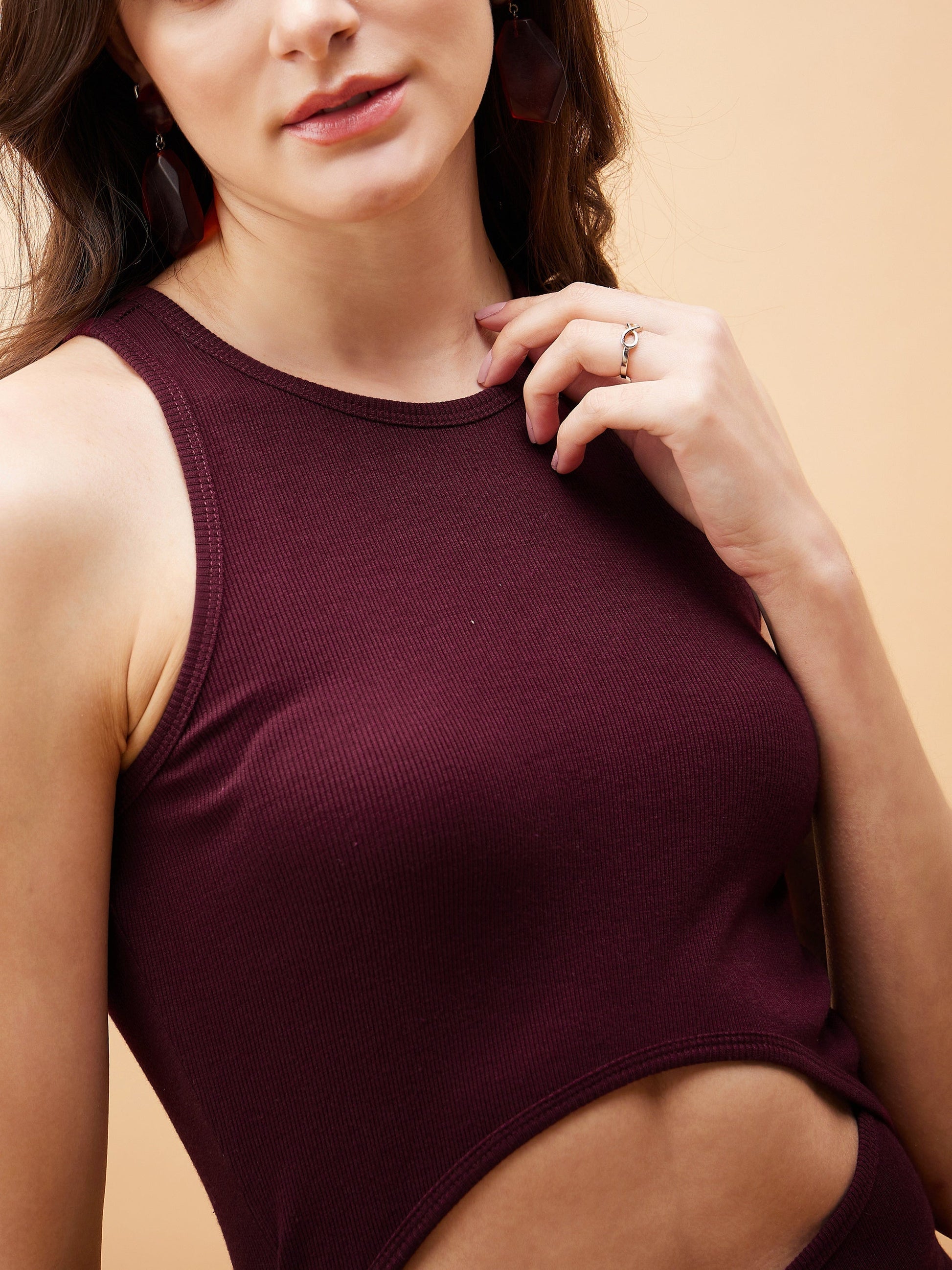 Burgundy Front Cut Out Rib Midi Dress-SASSAFRAS BASICS