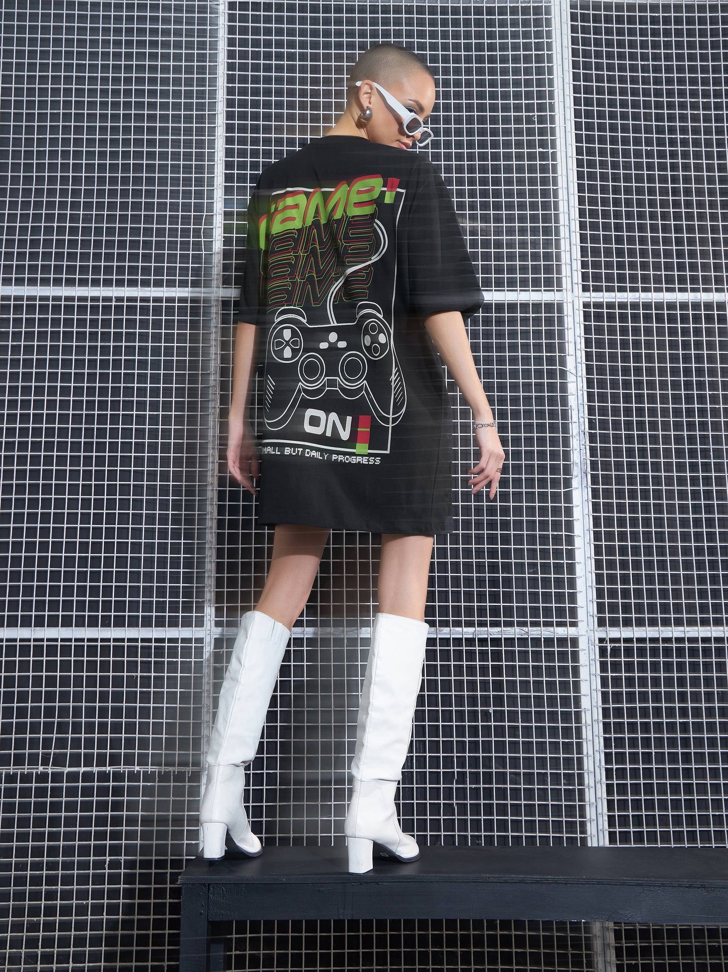 Women Black Game On Printed Oversized T-Shirt Dress