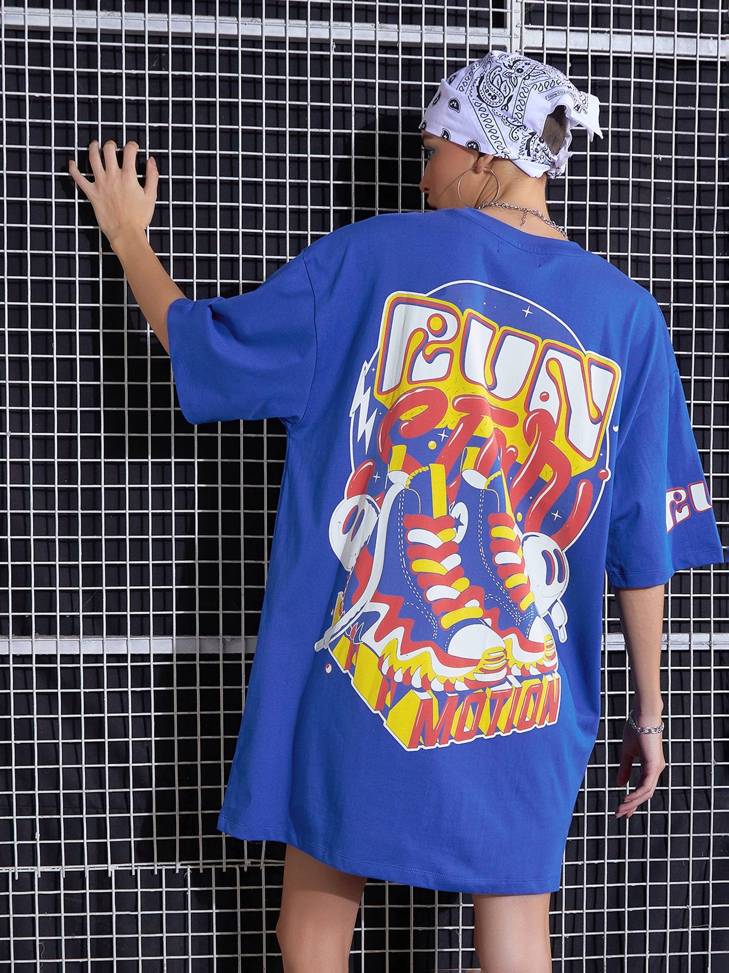 Women Royal Blue Fun Printed Oversized T-Shirt Dress