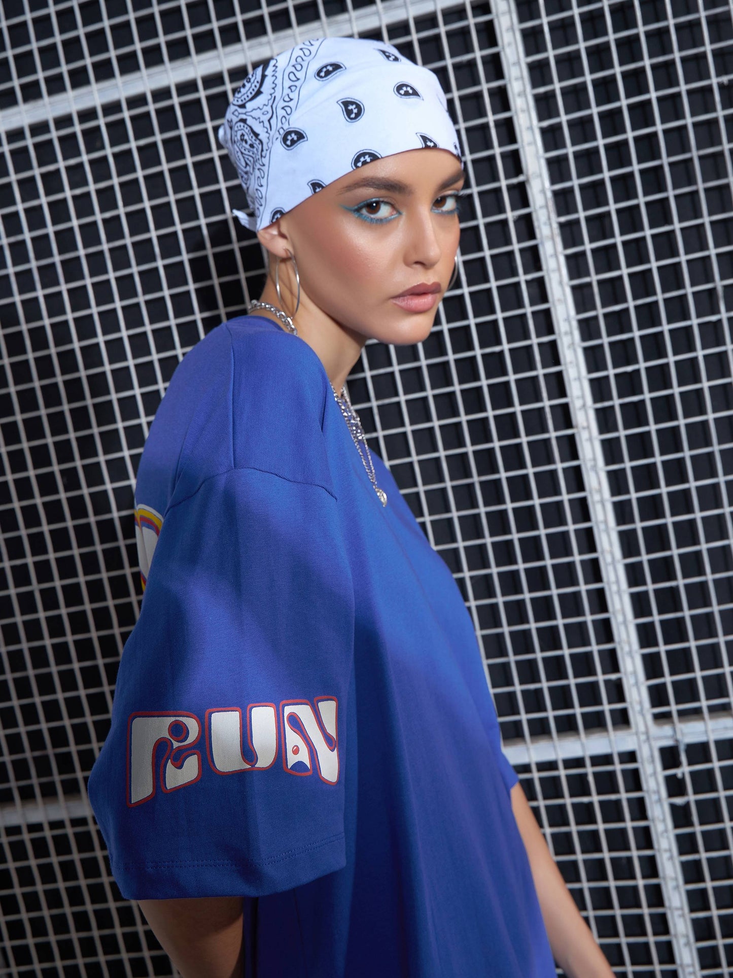 Women Royal Blue Fun Printed Oversized T-Shirt Dress