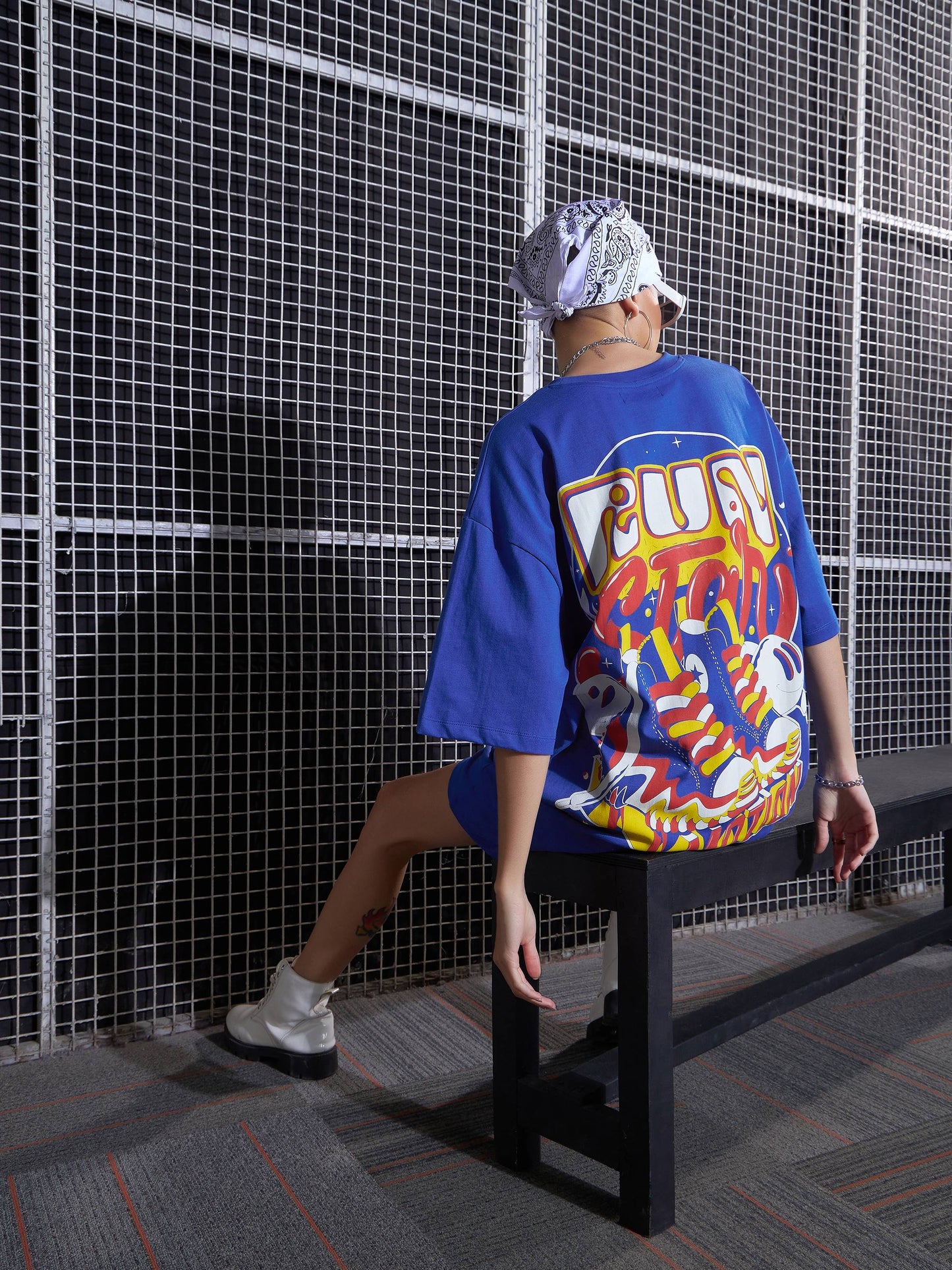 Women Royal Blue Fun Printed Oversized T-Shirt Dress