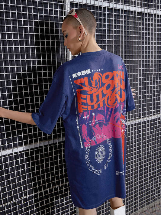 Women Navy Futoku Printed Oversized T-Shirt Dress