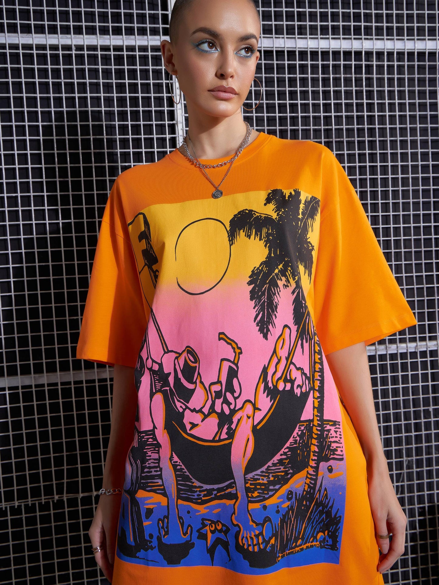 Women Orange Florida Printed Oversized T-Shirt Dress