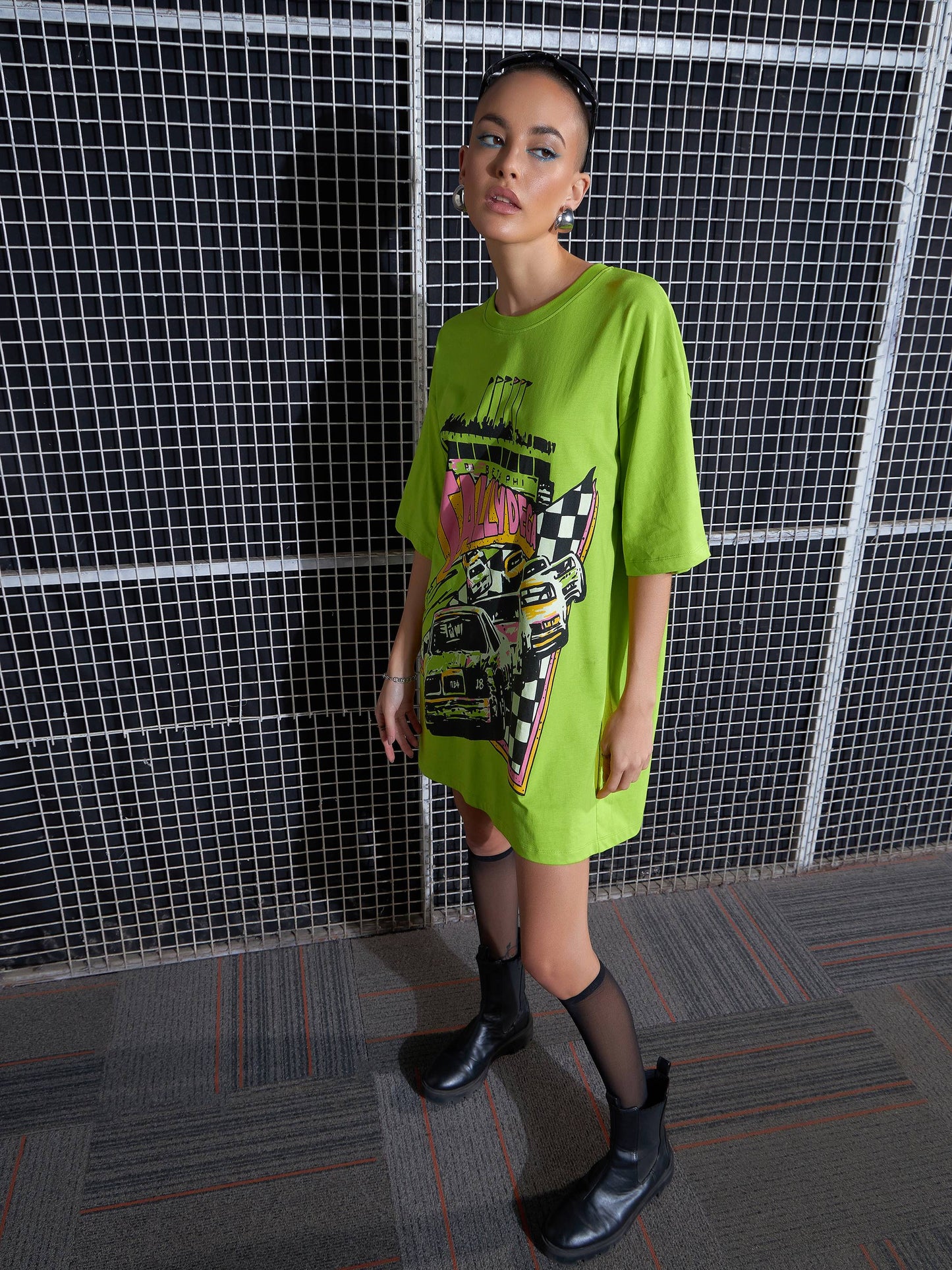 Women Green Tallydega Oversized T-Shirt Dress