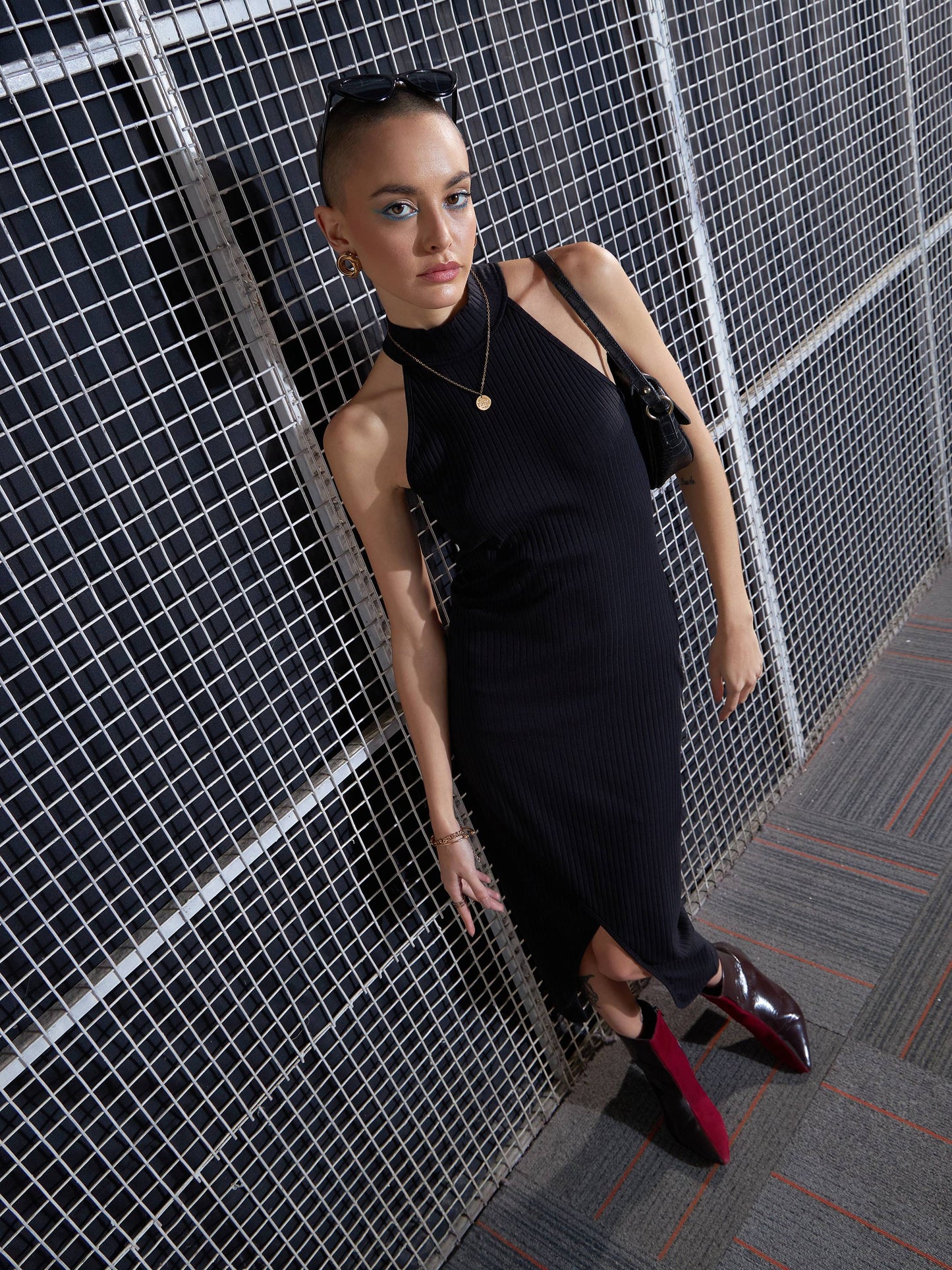 Black Rib Front Slit Bodycon Midi Dress -SASSAFRAS