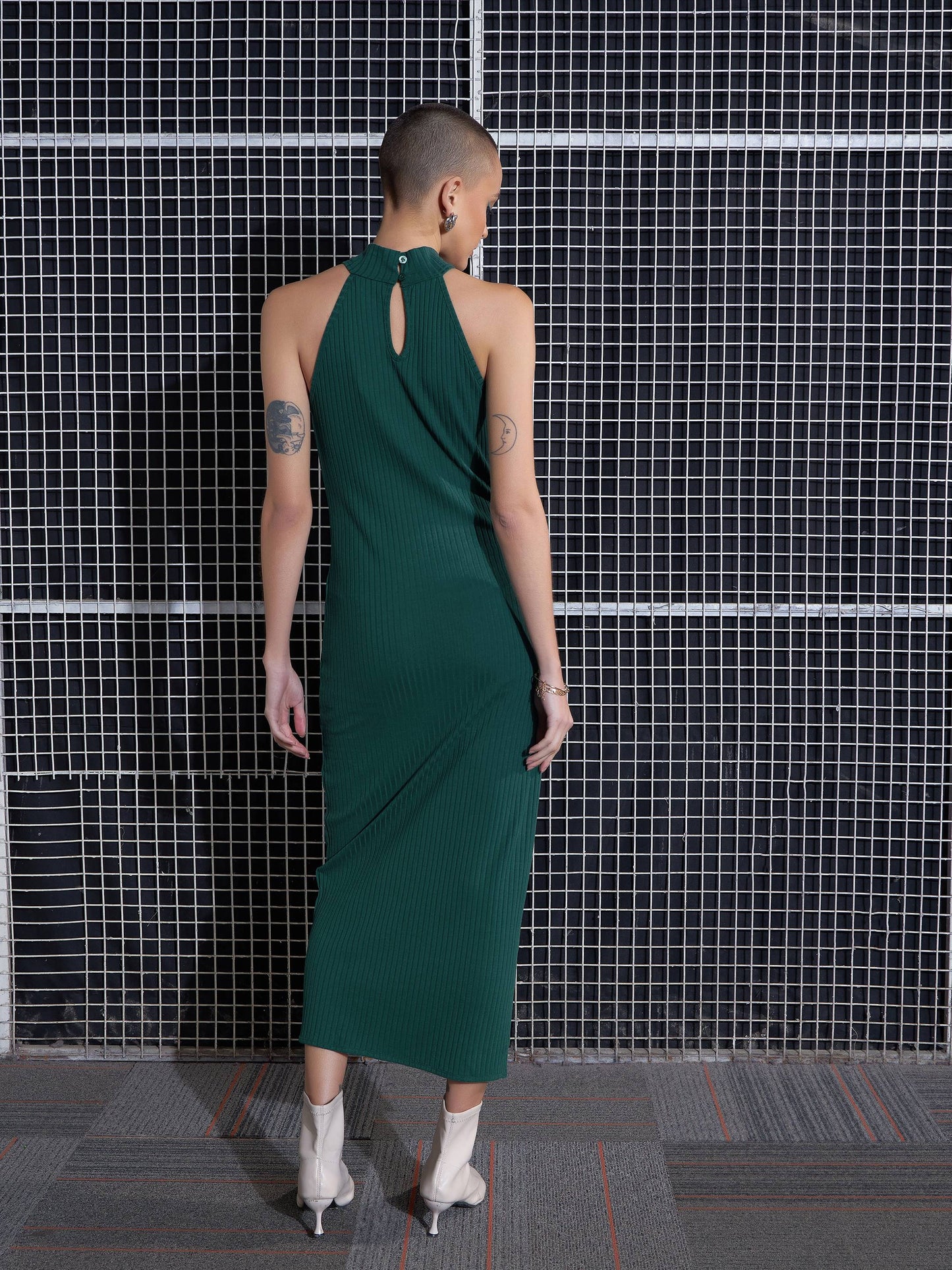 Emerald Rib Front Slit Bodycon Midi Dress -SASSAFRAS