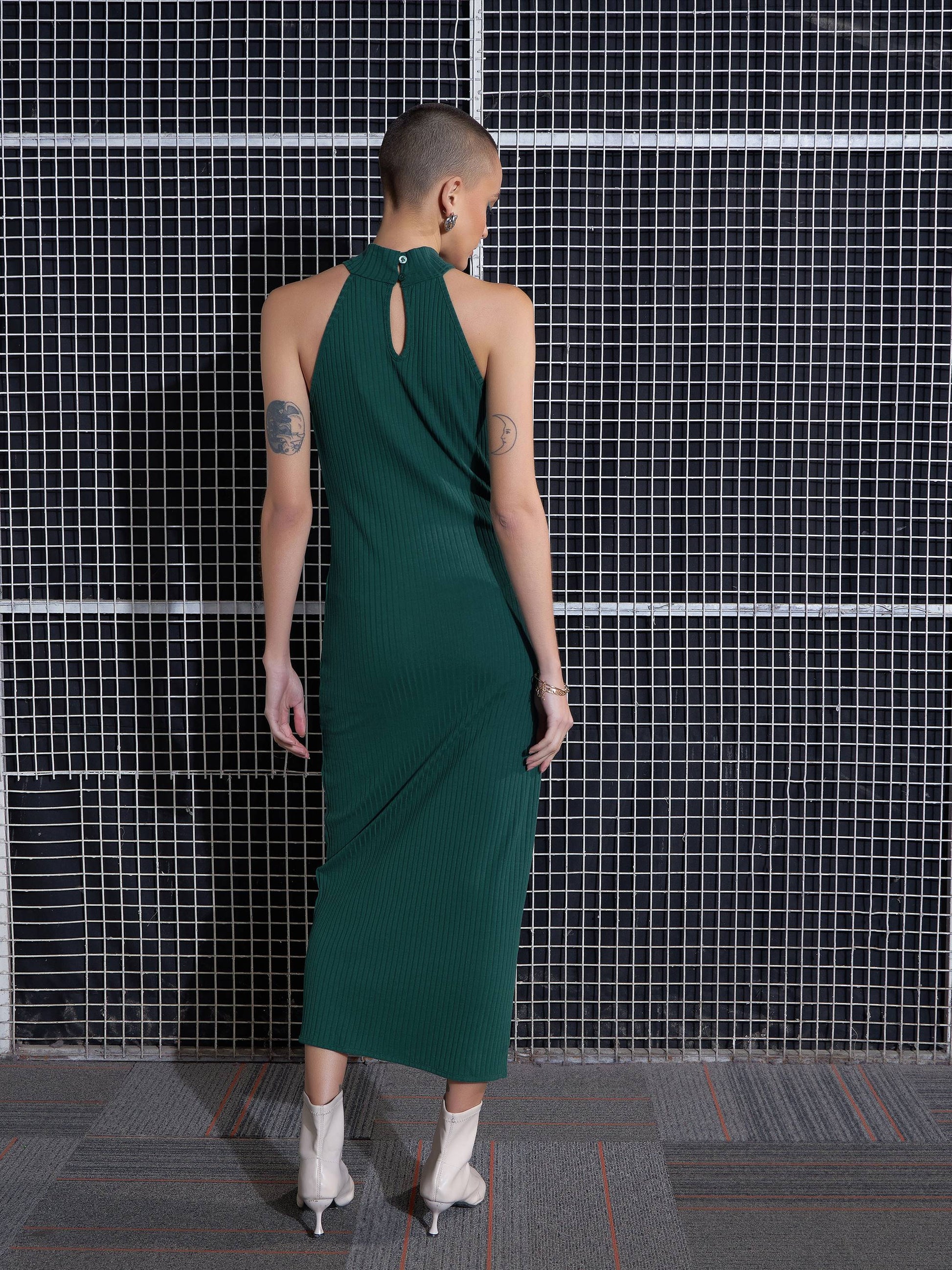 Emerald Rib Front Slit Bodycon Midi Dress -SASSAFRAS