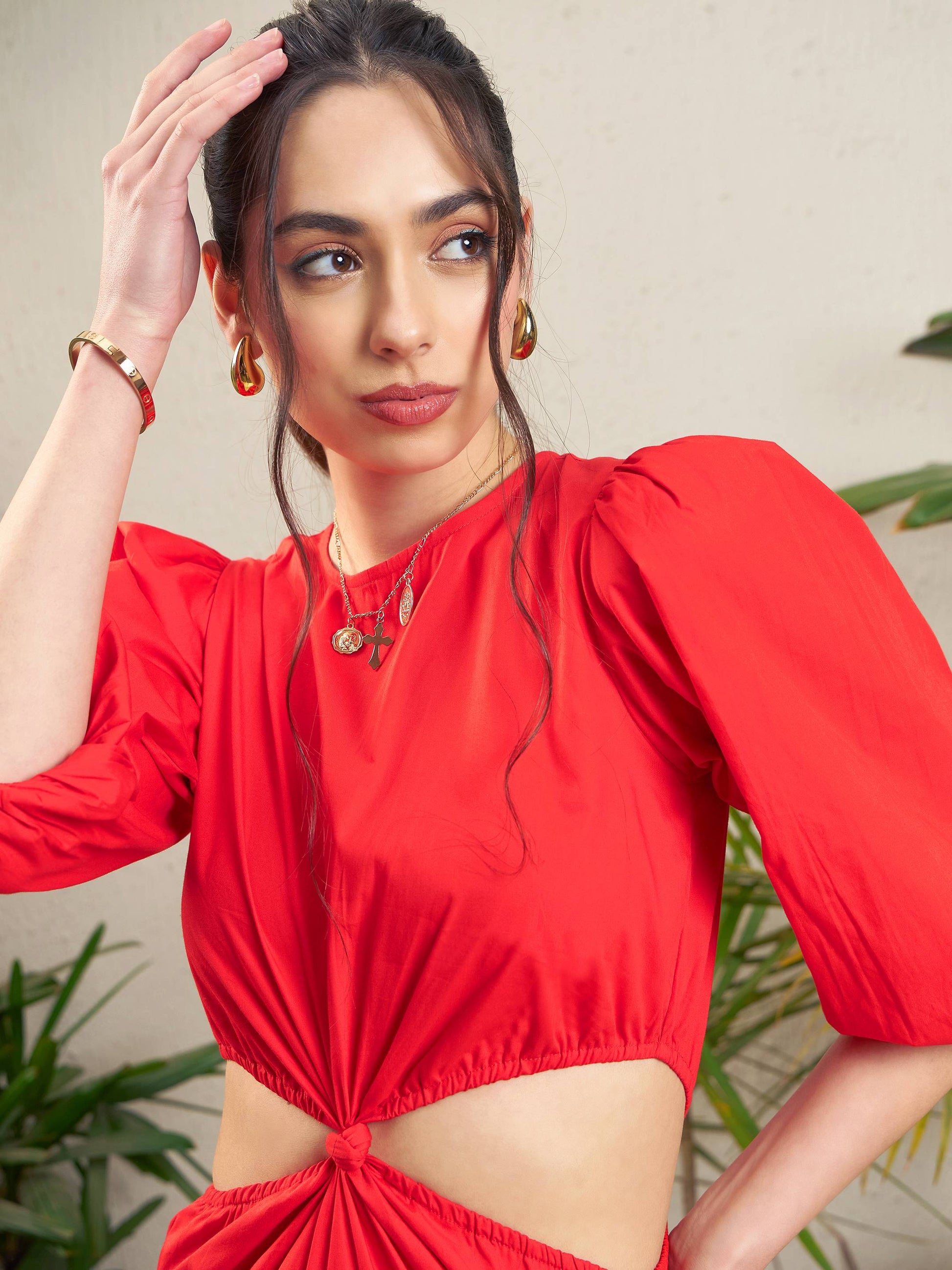 Red Poplin Side Cut-Out Short Dress-SASSAFRAS
