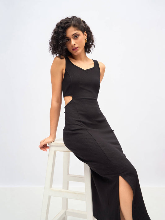 Black Rib Waist Cut-Out Midi Dress -SASSAFRAS