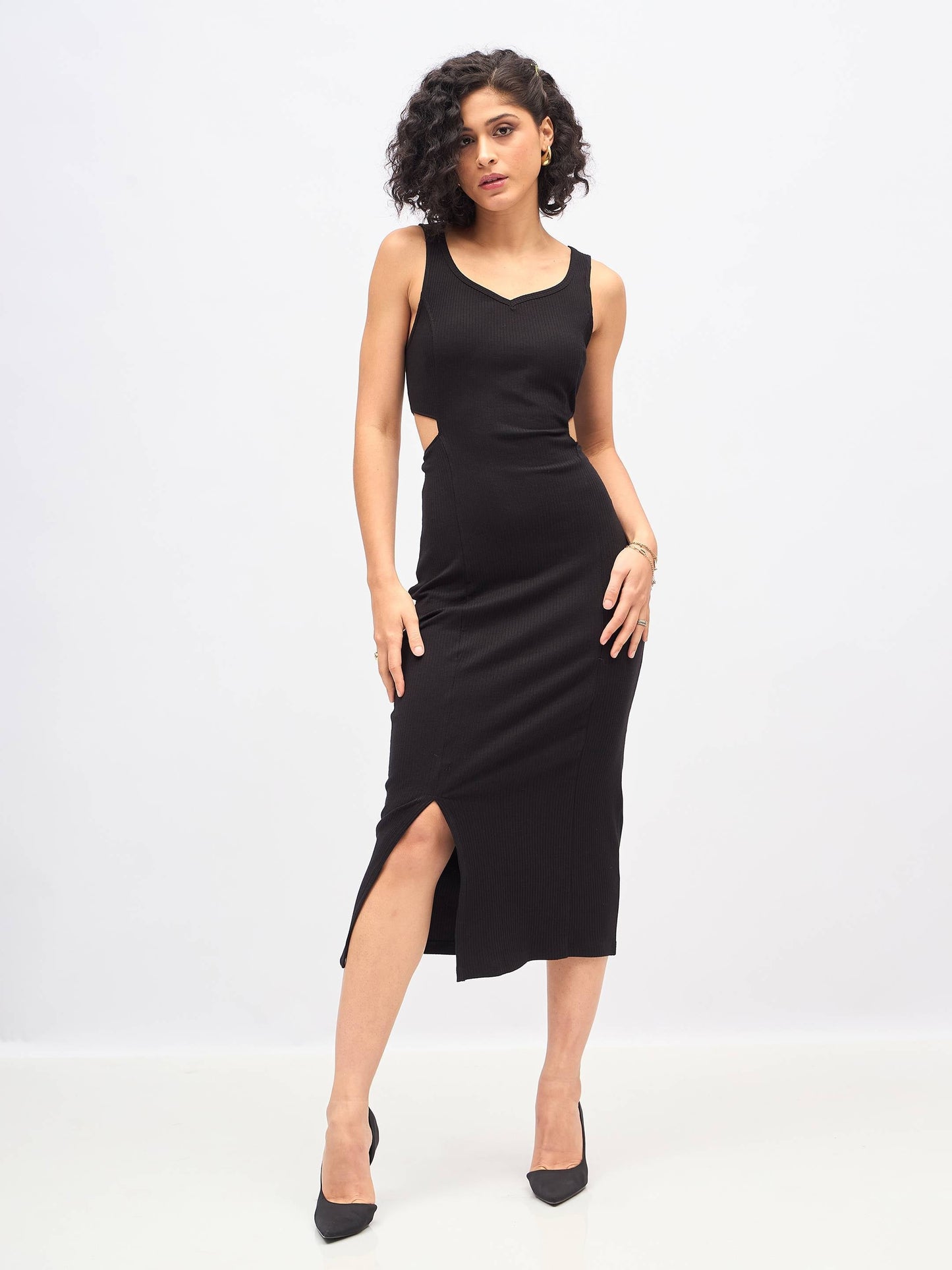 Black Rib Waist Cut-Out Midi Dress -SASSAFRAS
