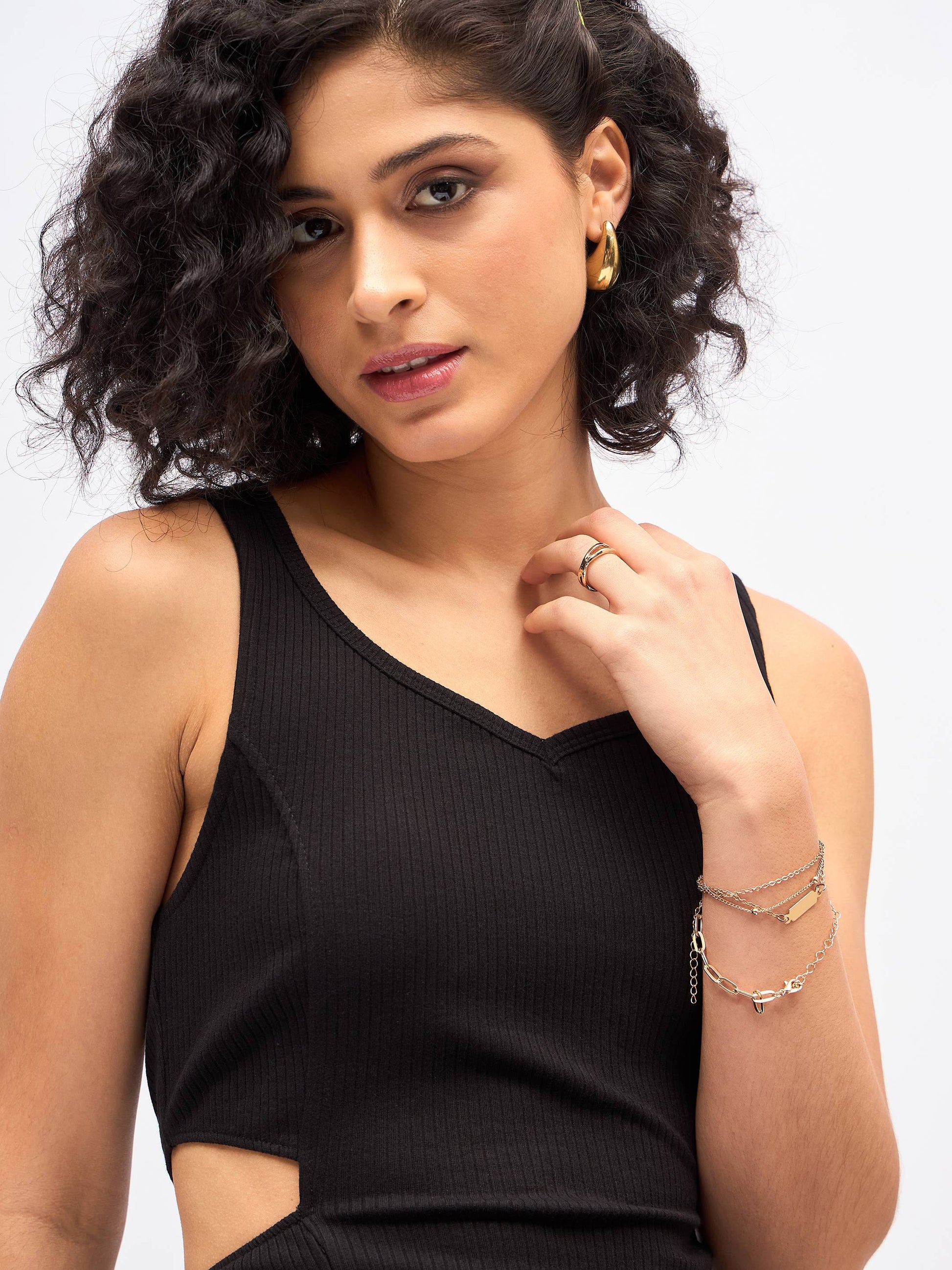 Black Rib Waist Cut-Out Midi Dress -SASSAFRAS