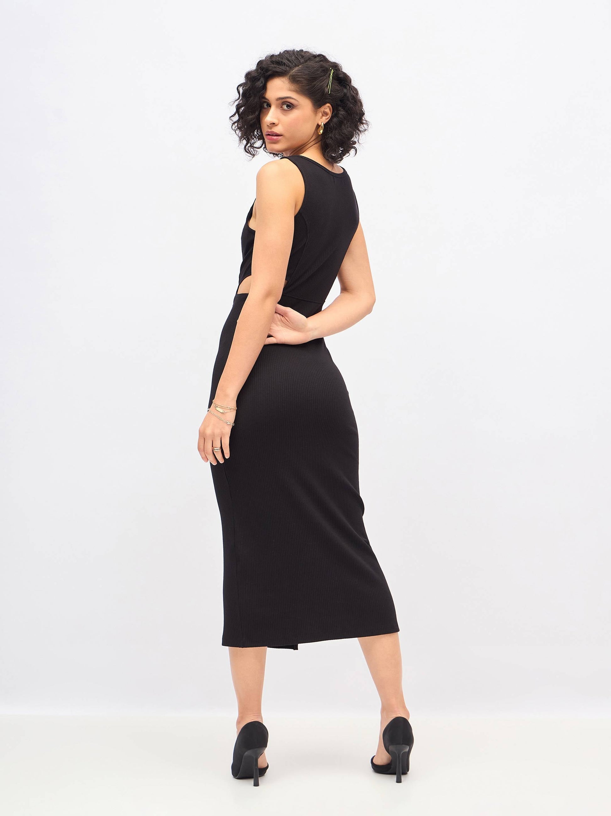 Black Rib Waist Cut-Out Midi Dress -SASSAFRAS
