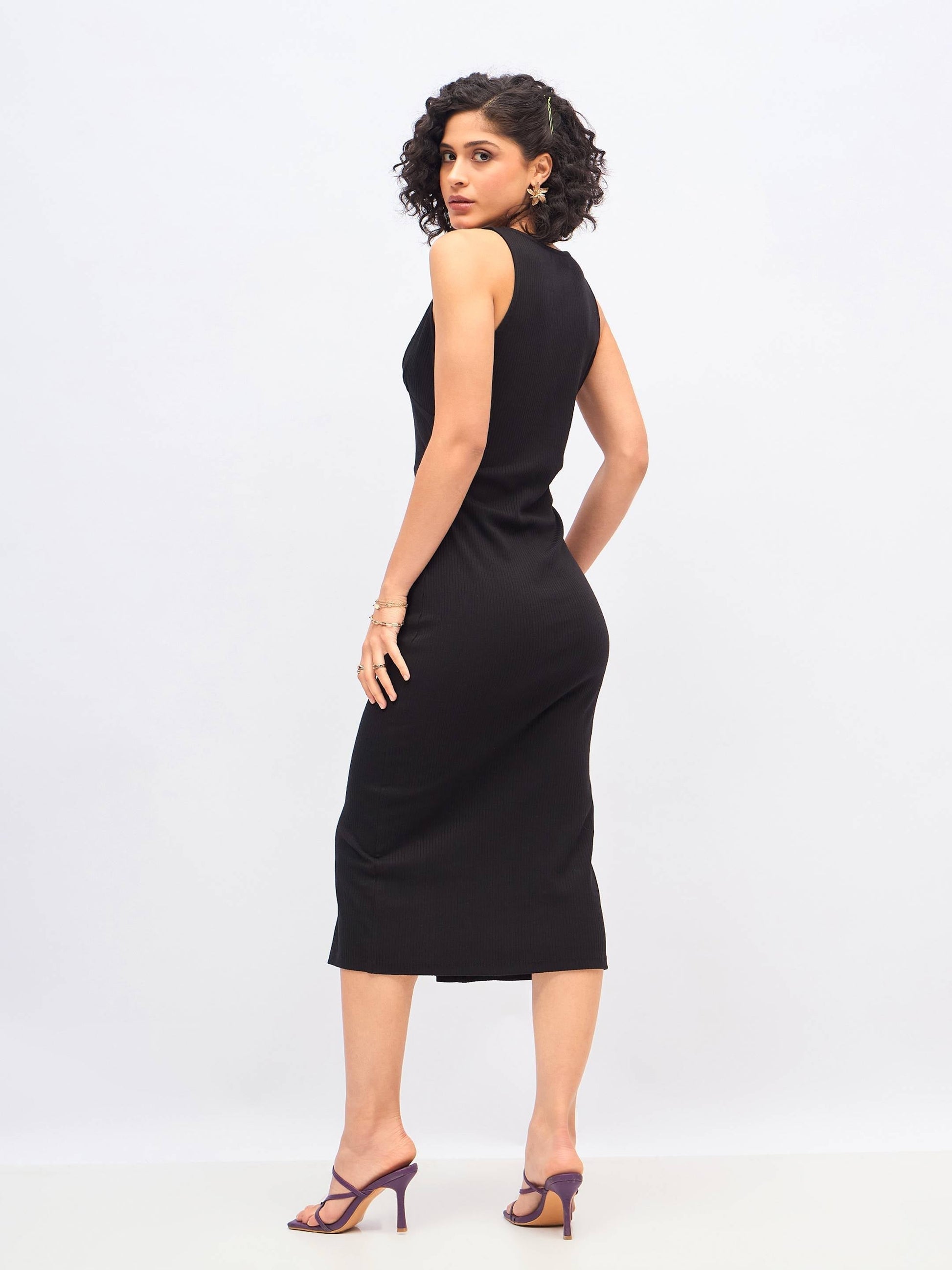 Black Rib Front Button Bodycon Midi Dress -SASSAFRAS
