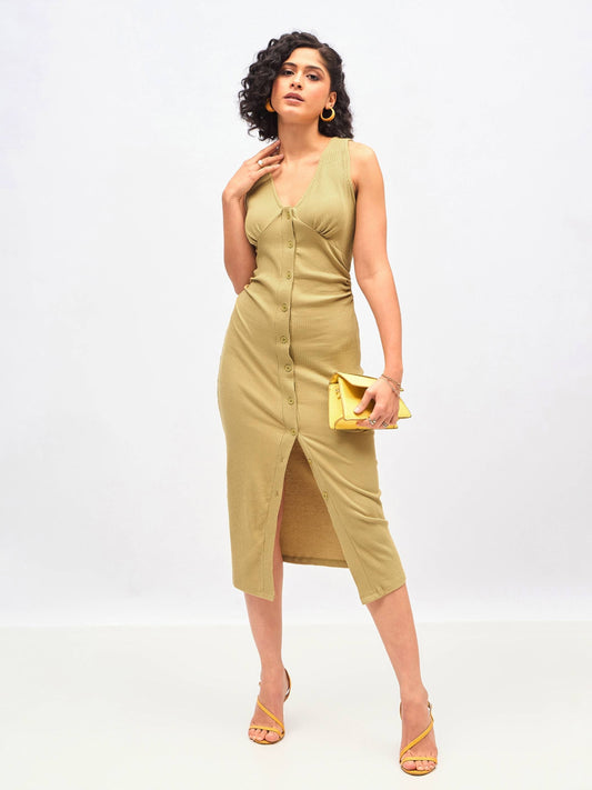 Khaki Rib Front Button Bodycon Midi Dress -SASSAFRAS