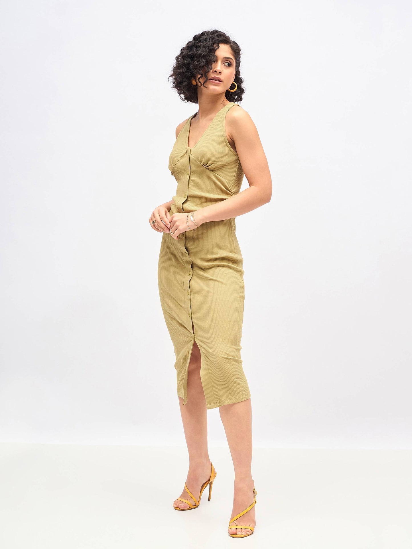 Khaki Rib Front Button Bodycon Midi Dress -SASSAFRAS