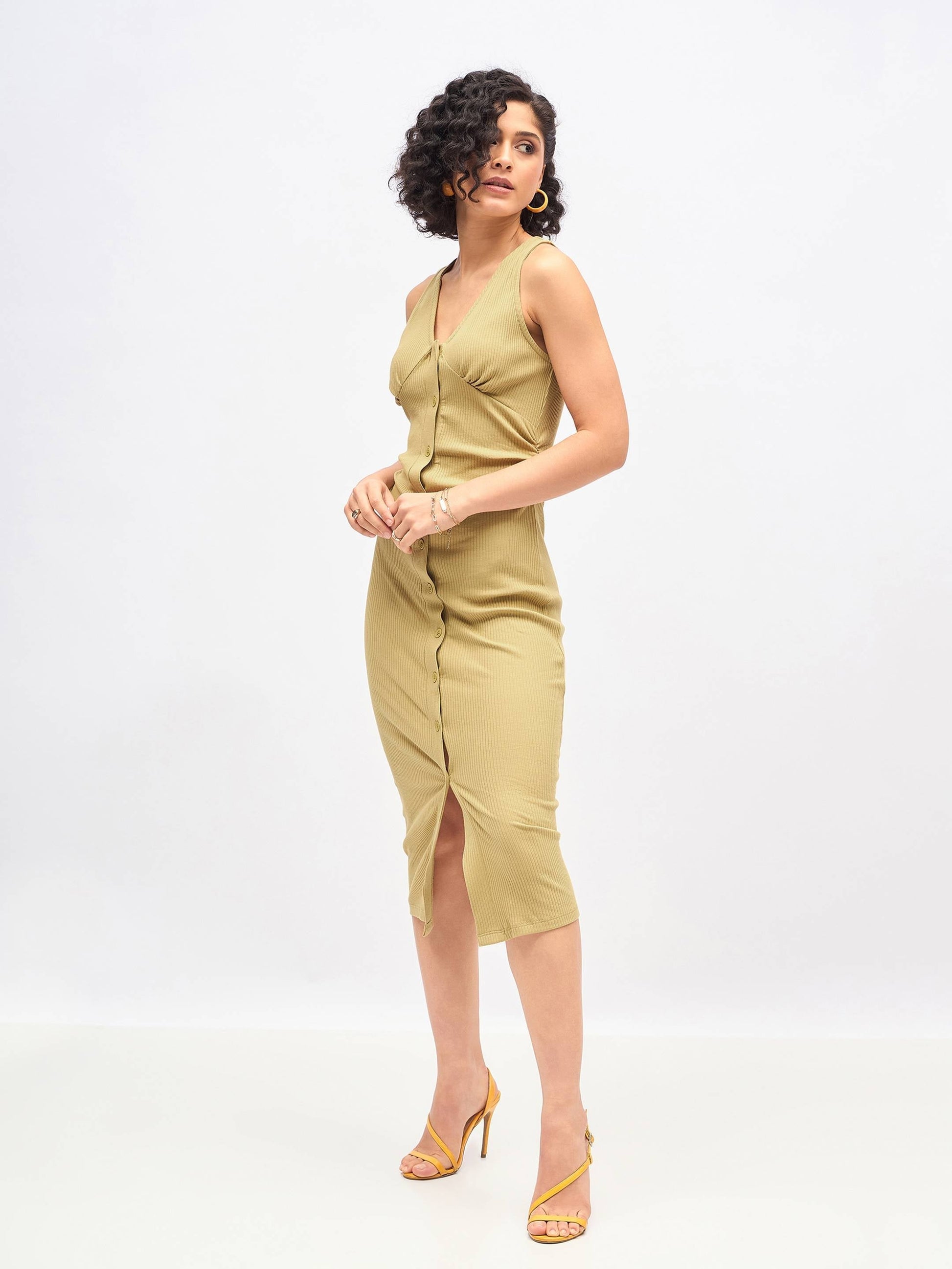 Khaki Rib Front Button Bodycon Midi Dress -SASSAFRAS