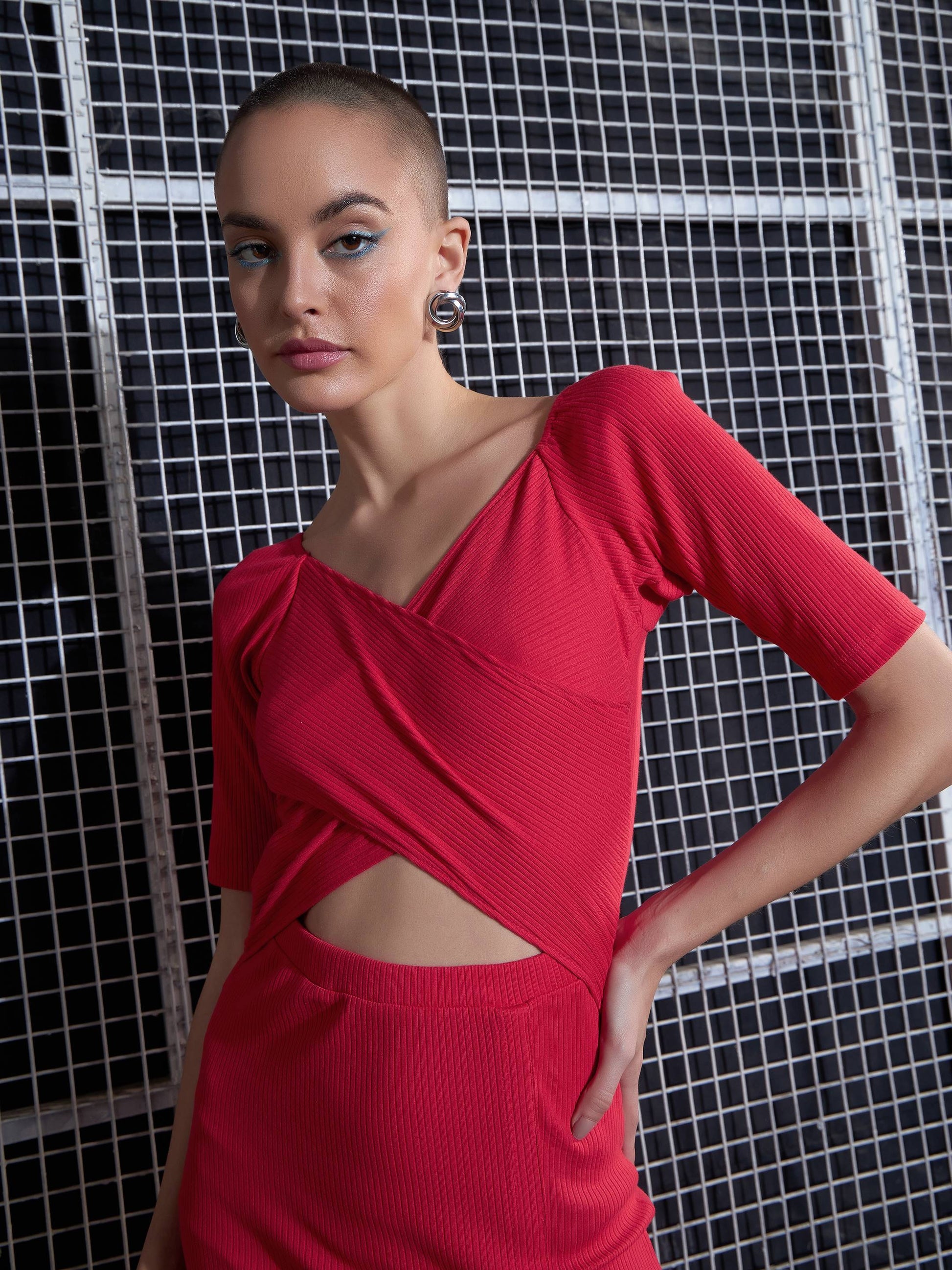 Red Side Slit V-Neck Rib Midi Dress-SASSAFRAS