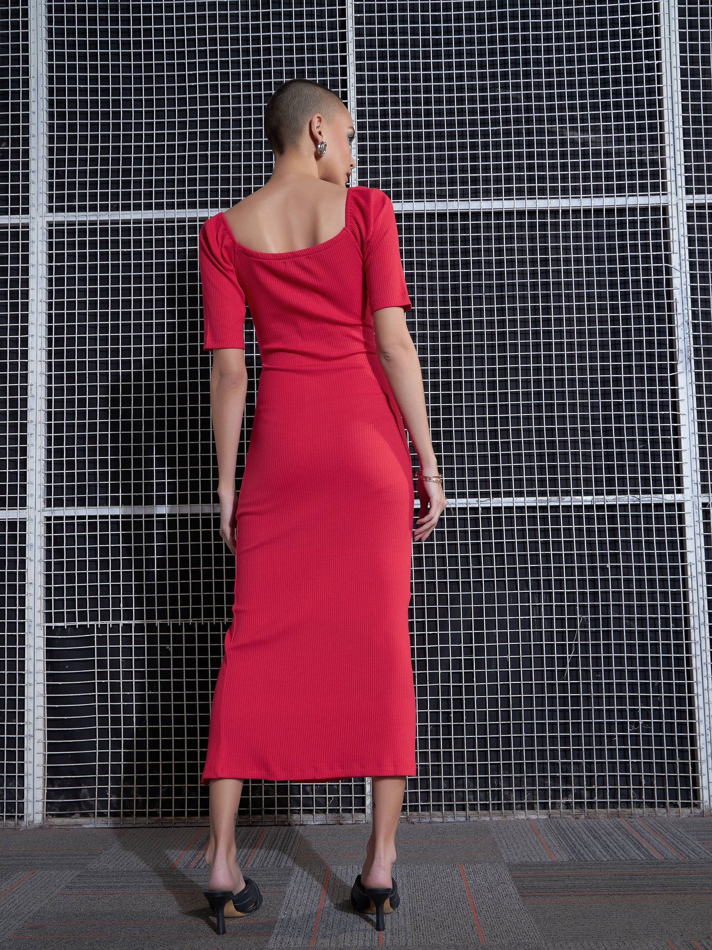 Red Side Slit V-Neck Rib Midi Dress-SASSAFRAS