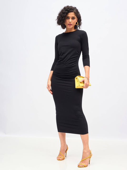Black Waist Ruched Bodycon Maxi Dress-SASSAFRAS