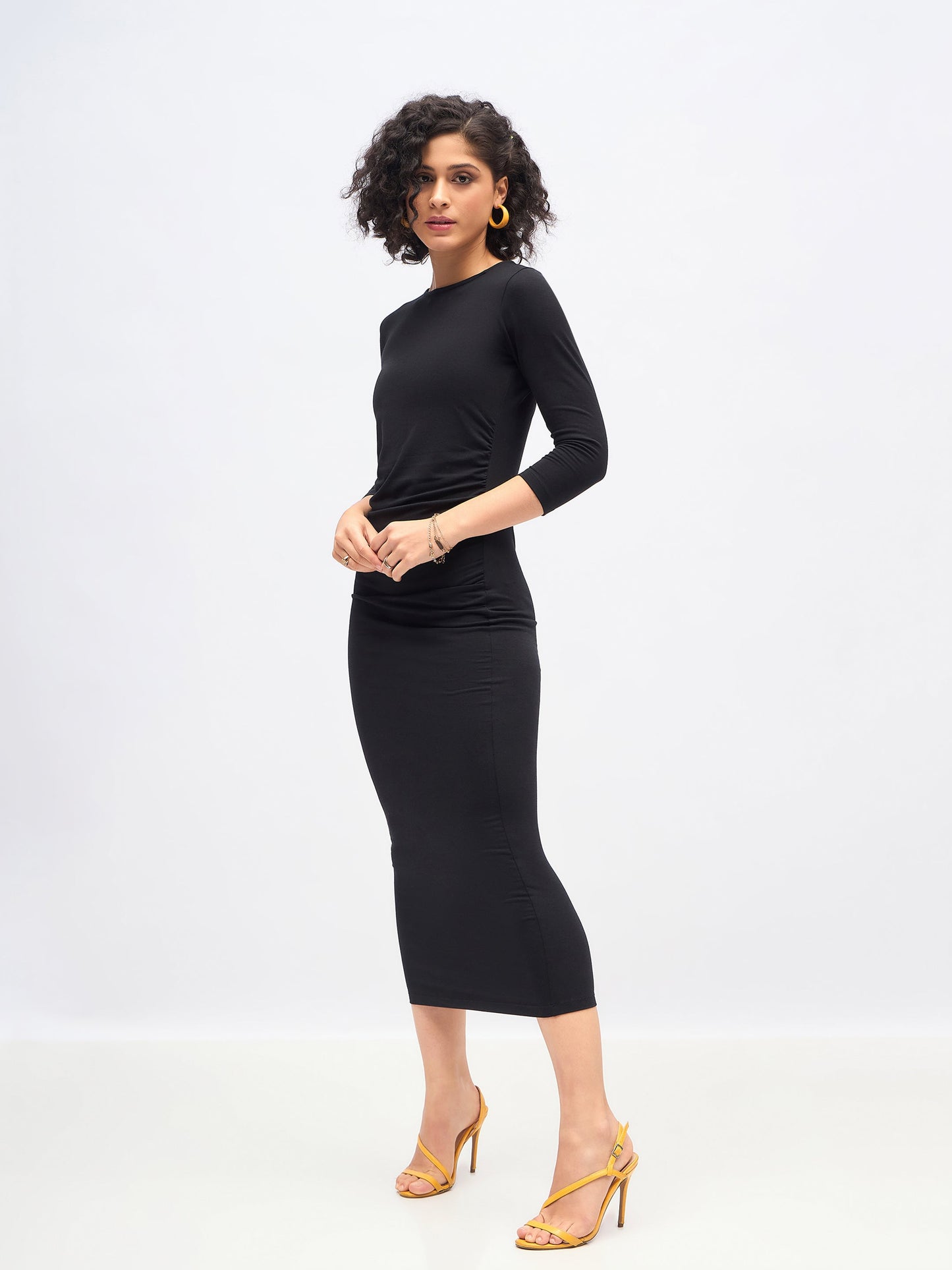 Black Waist Ruched Bodycon Maxi Dress-SASSAFRAS