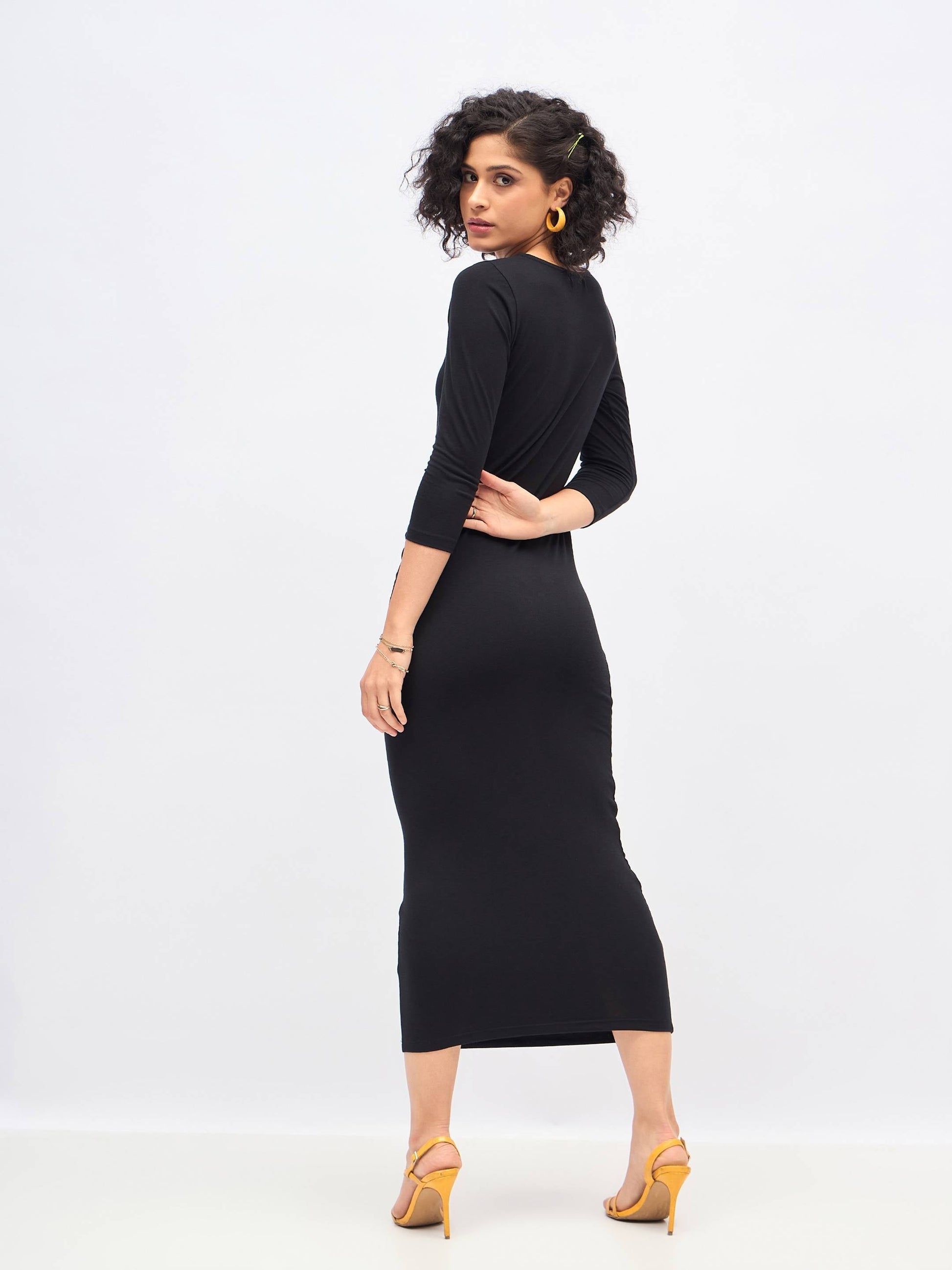 Black Waist Ruched Bodycon Maxi Dress-SASSAFRAS
