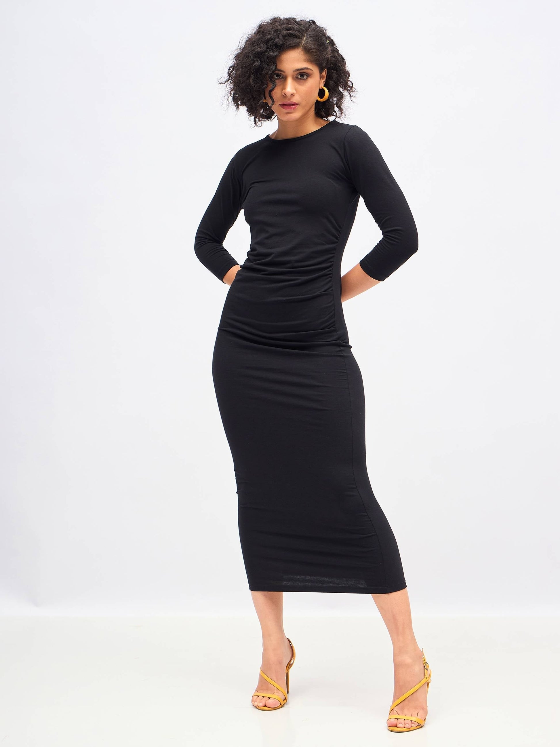 Black Waist Ruched Bodycon Maxi Dress-SASSAFRAS