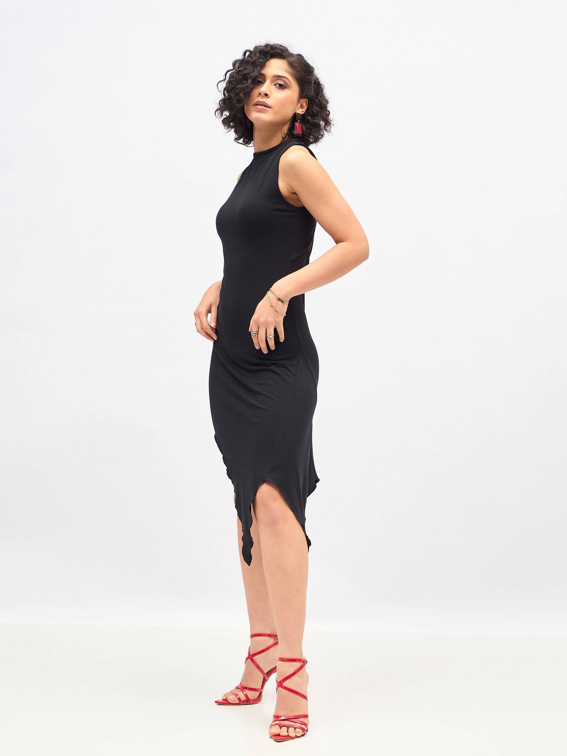 Black Asymmetric Back Cut-Out Dress-SASSAFRAS